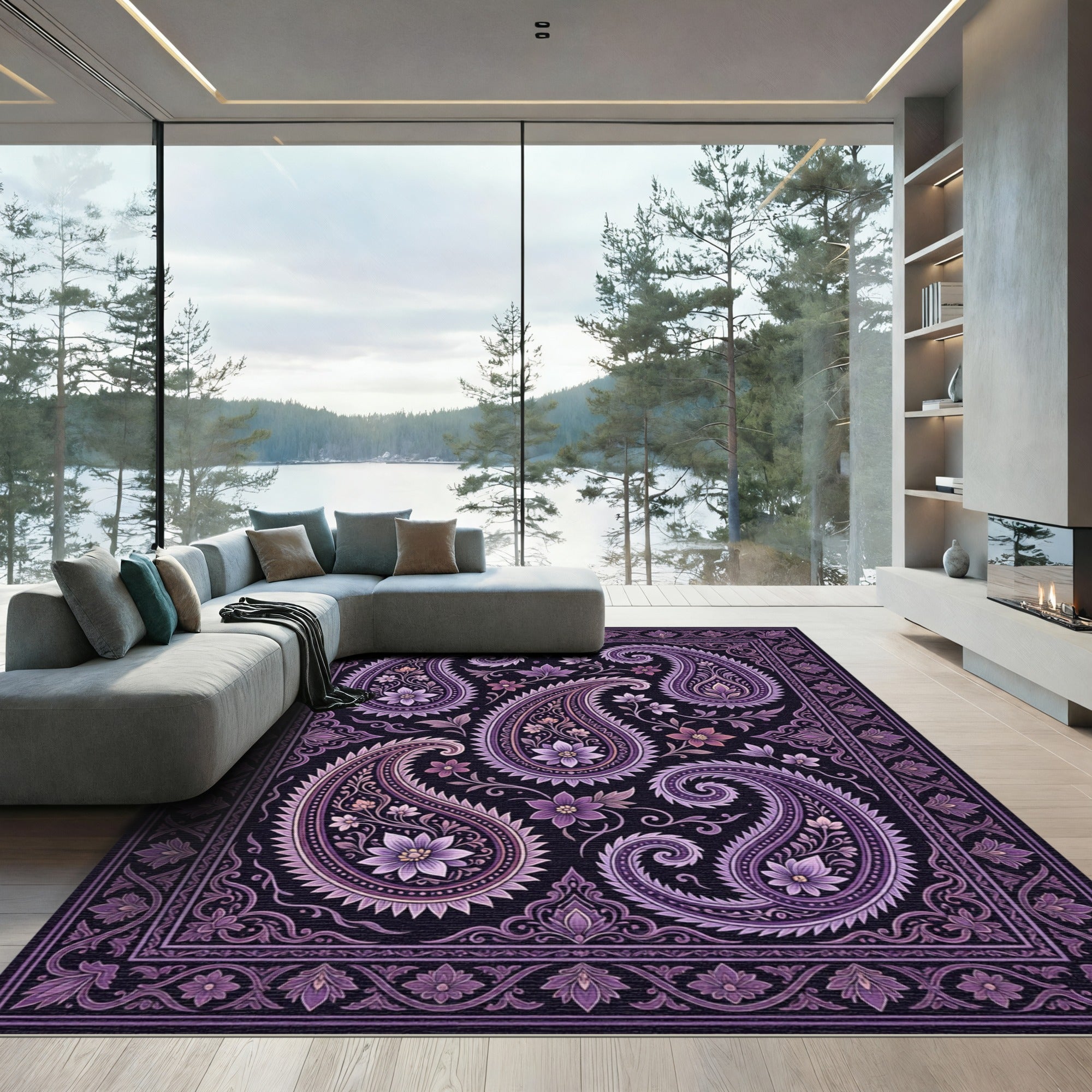 Plum Paisley Floral Border Rug