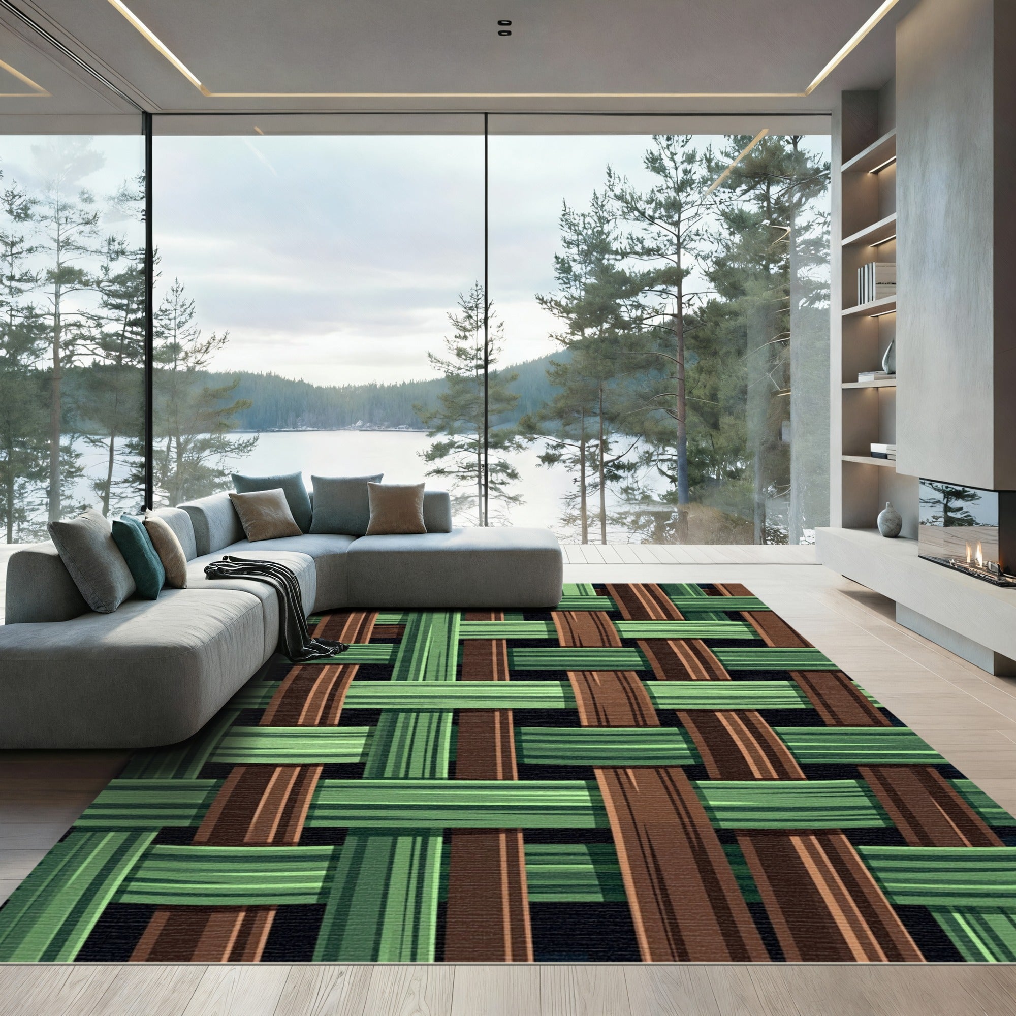 Woven Forest Green and Brown Grid Rug