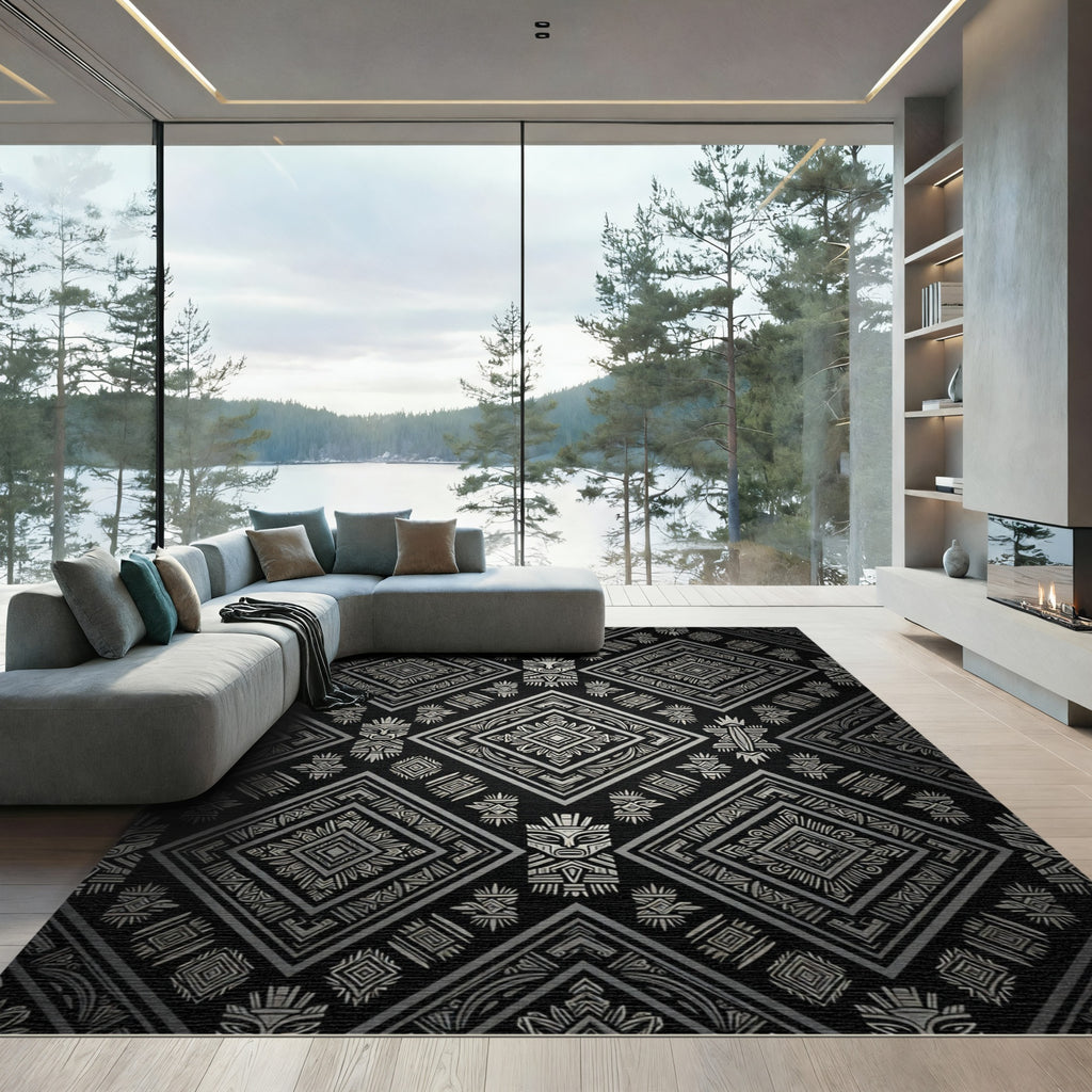 Monochrome Tribal Aztec Diamond Art Rug