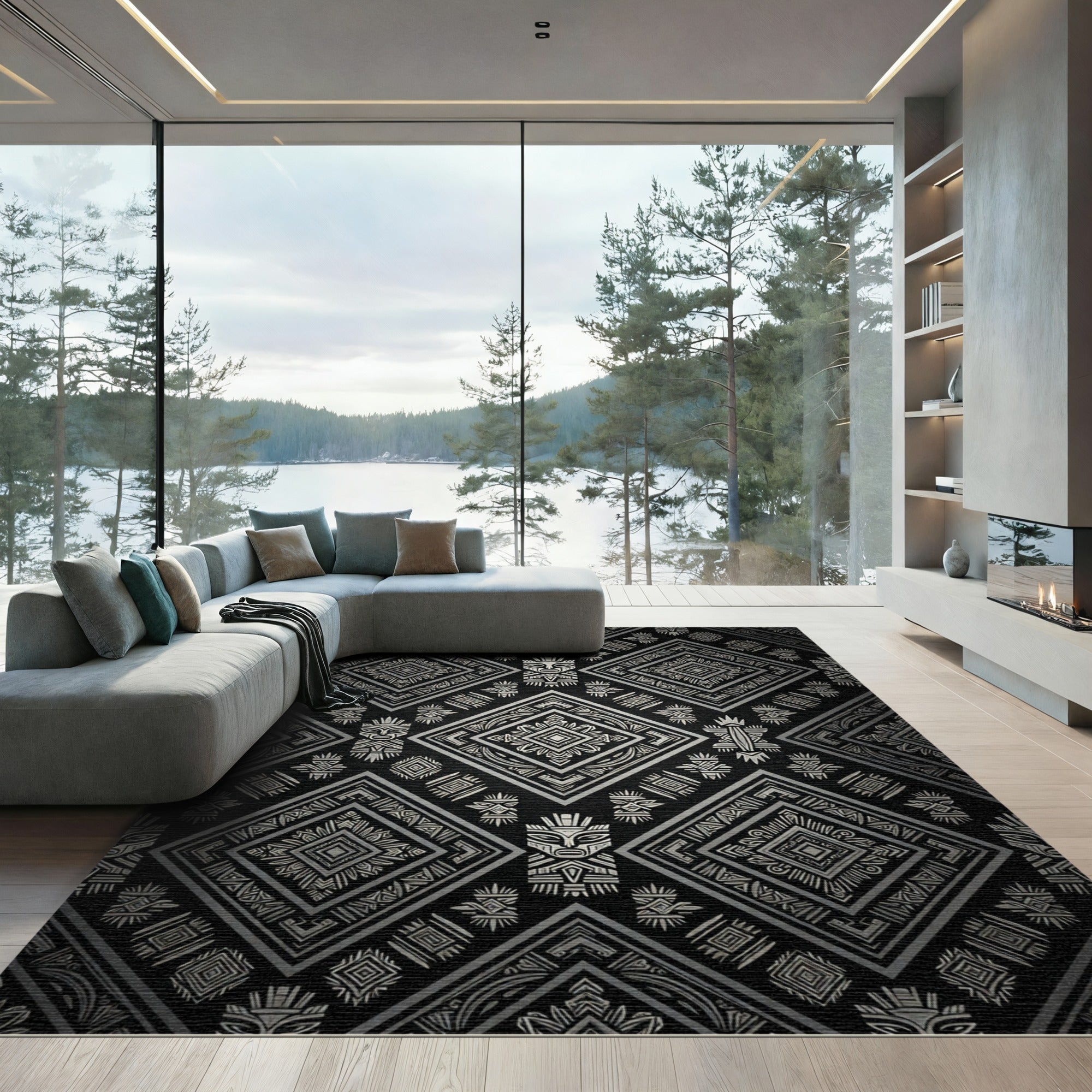 Monochrome Tribal Aztec Diamond Art Rug