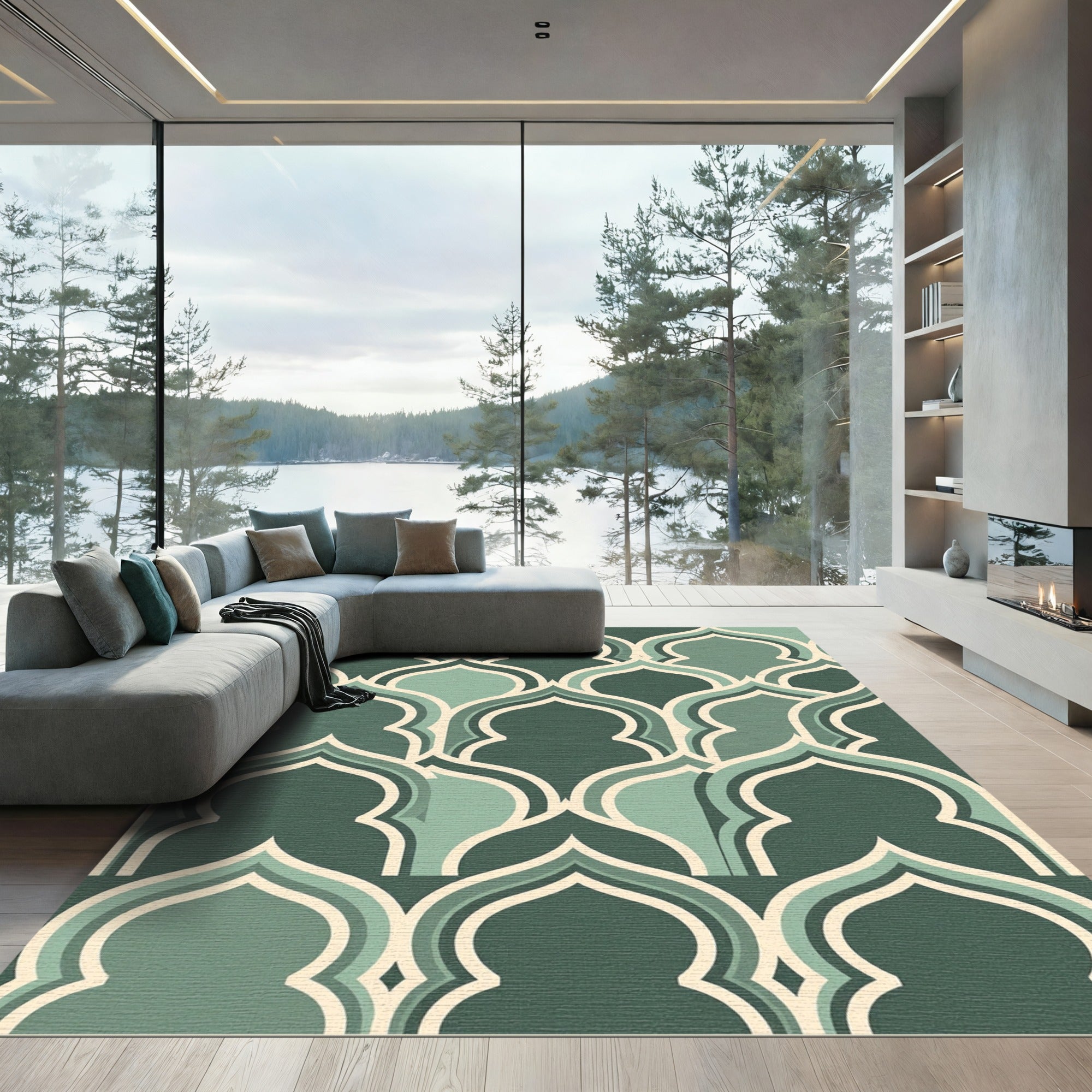Sage Green Arched Geometric Tile Rug