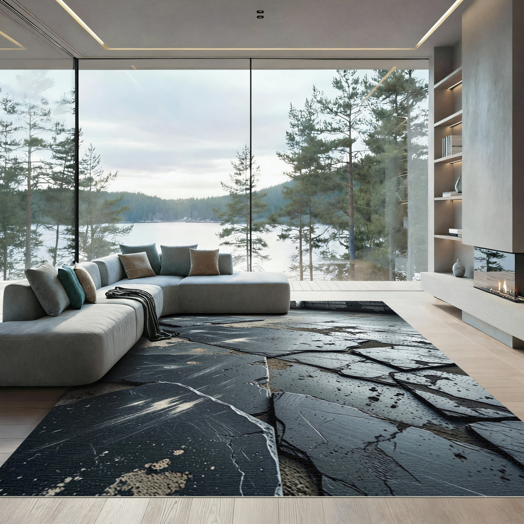 Cracked Slate Texture Black Abstract Rug