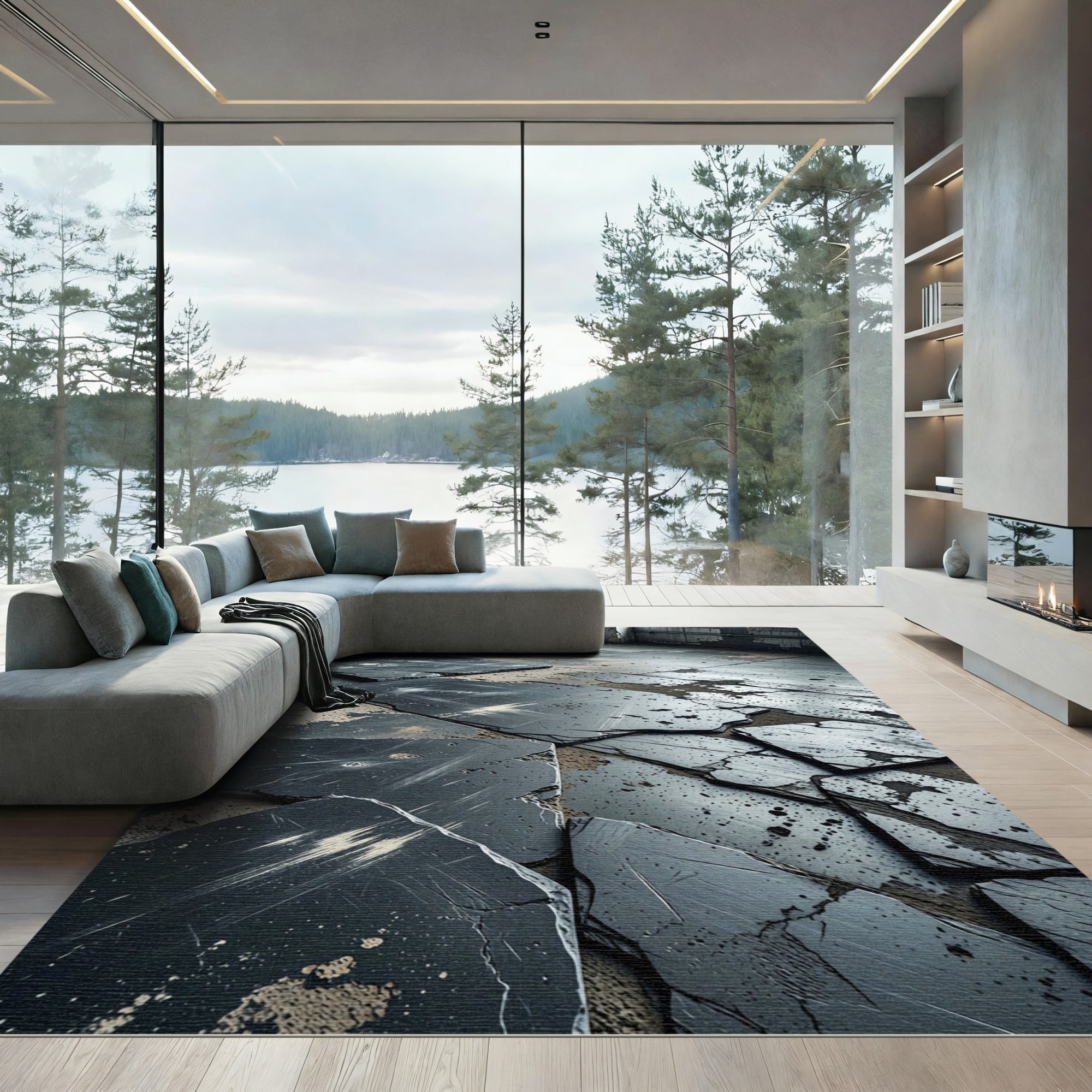 Cracked Slate Texture Black Abstract Rug