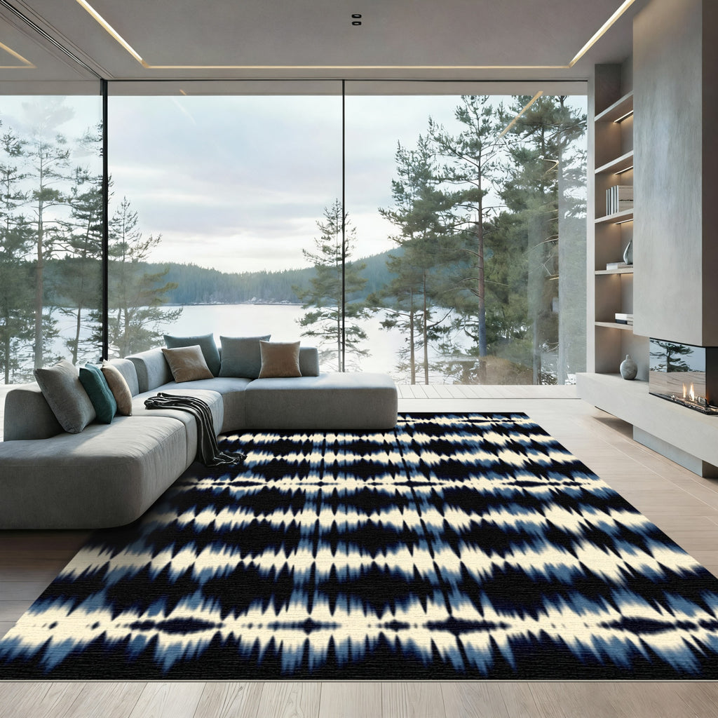 Deep Blue Cream Ikat Stripes Rug