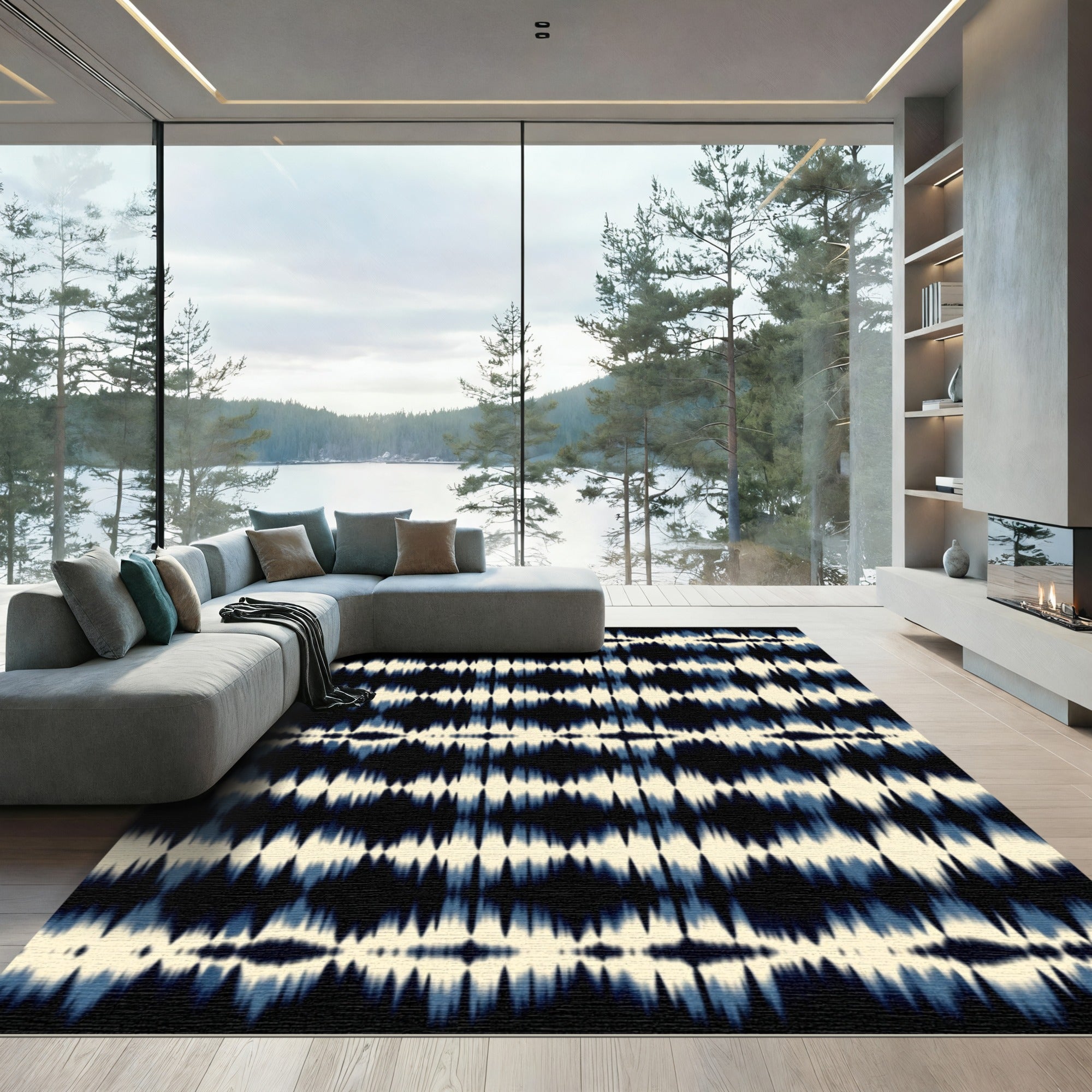 Deep Blue Cream Ikat Stripes Rug