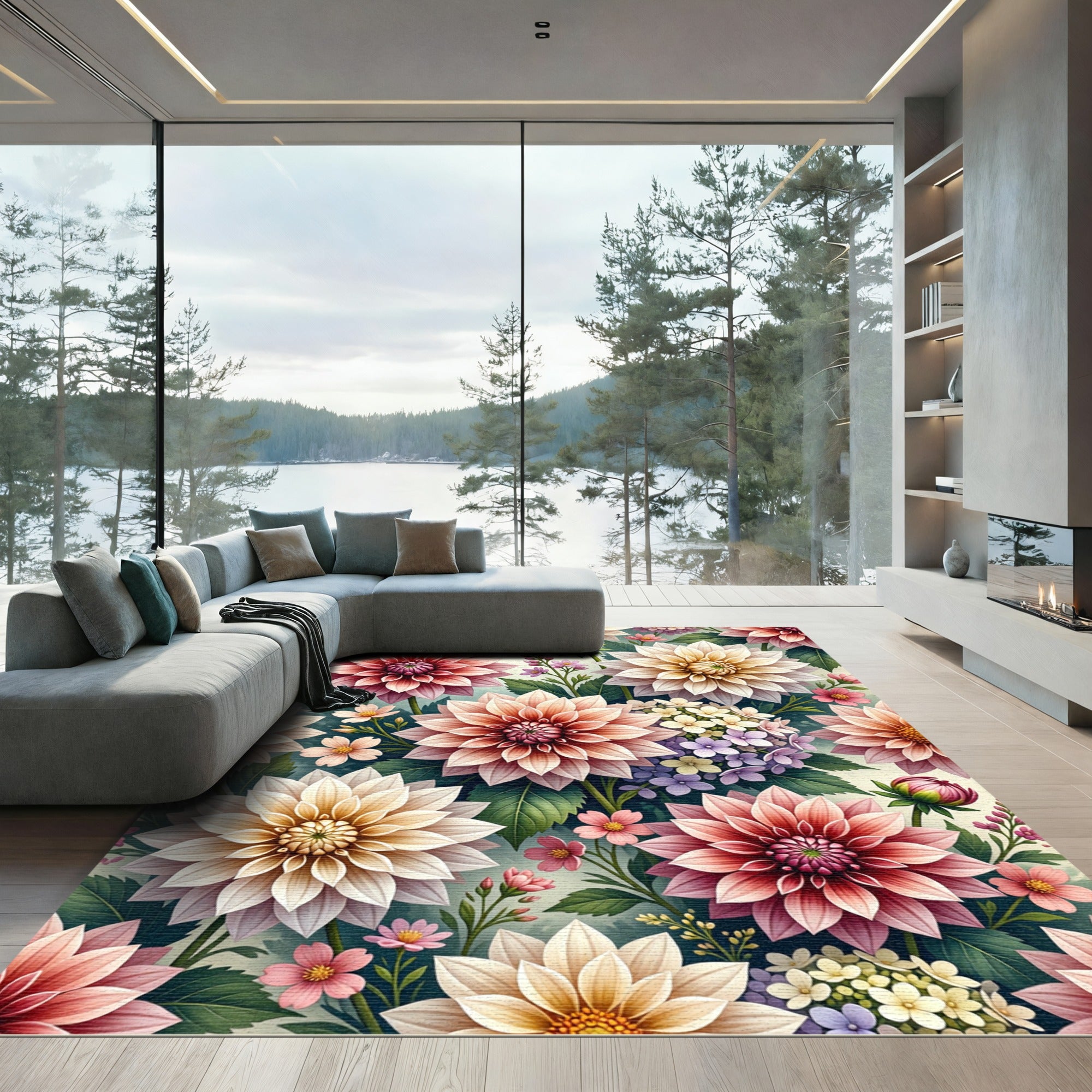 Blooming Pink and Cream Dahlia Bouquet Rug