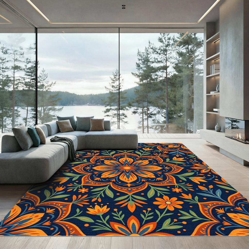 Vibrant Orange Blue Floral Mandala Rug