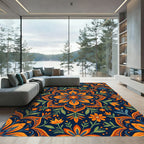 Vibrant Orange Blue Floral Mandala Rug