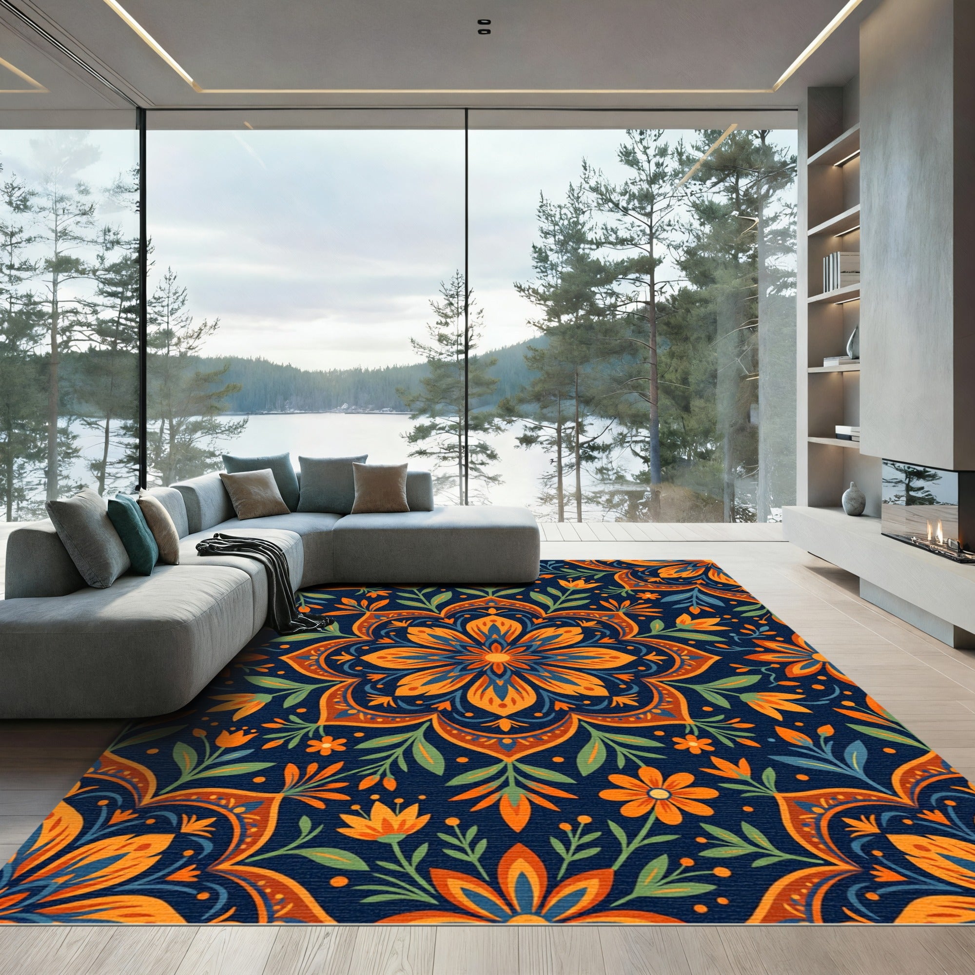 Vibrant Orange Blue Floral Mandala Rug