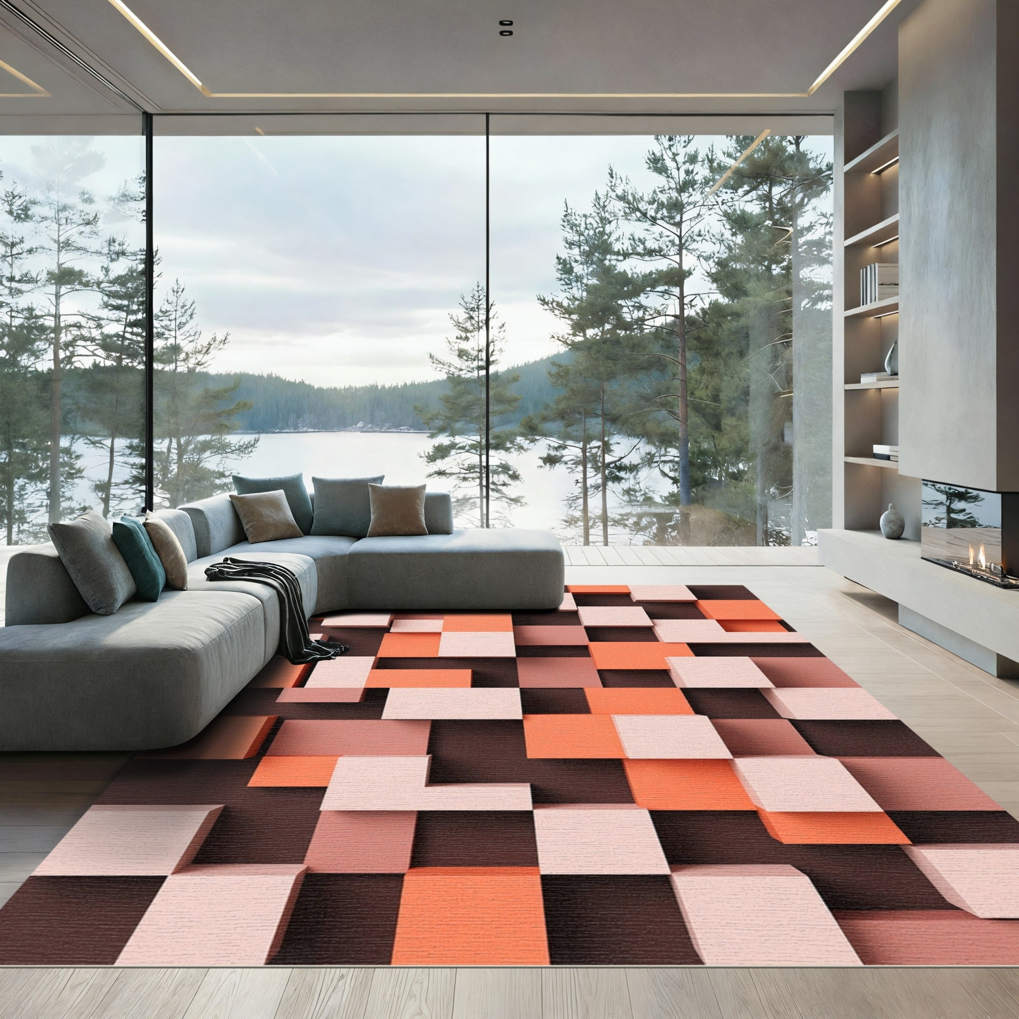 Modern Geometric Block Coral Terracotta Rug