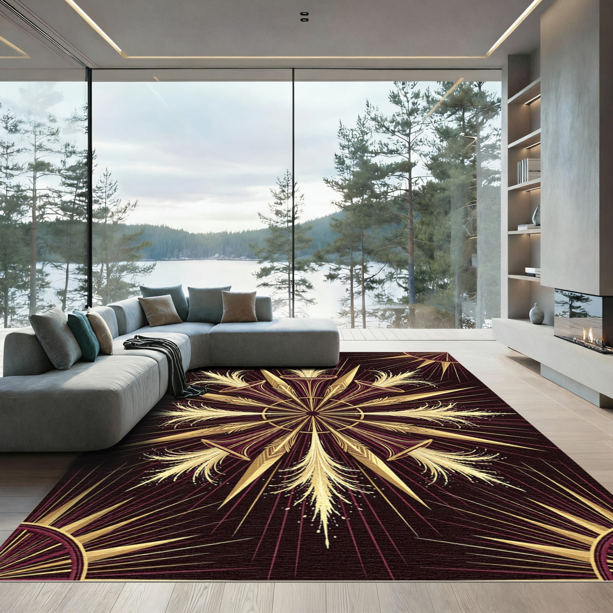 Art Deco Golden Sunburst Medallion Rug