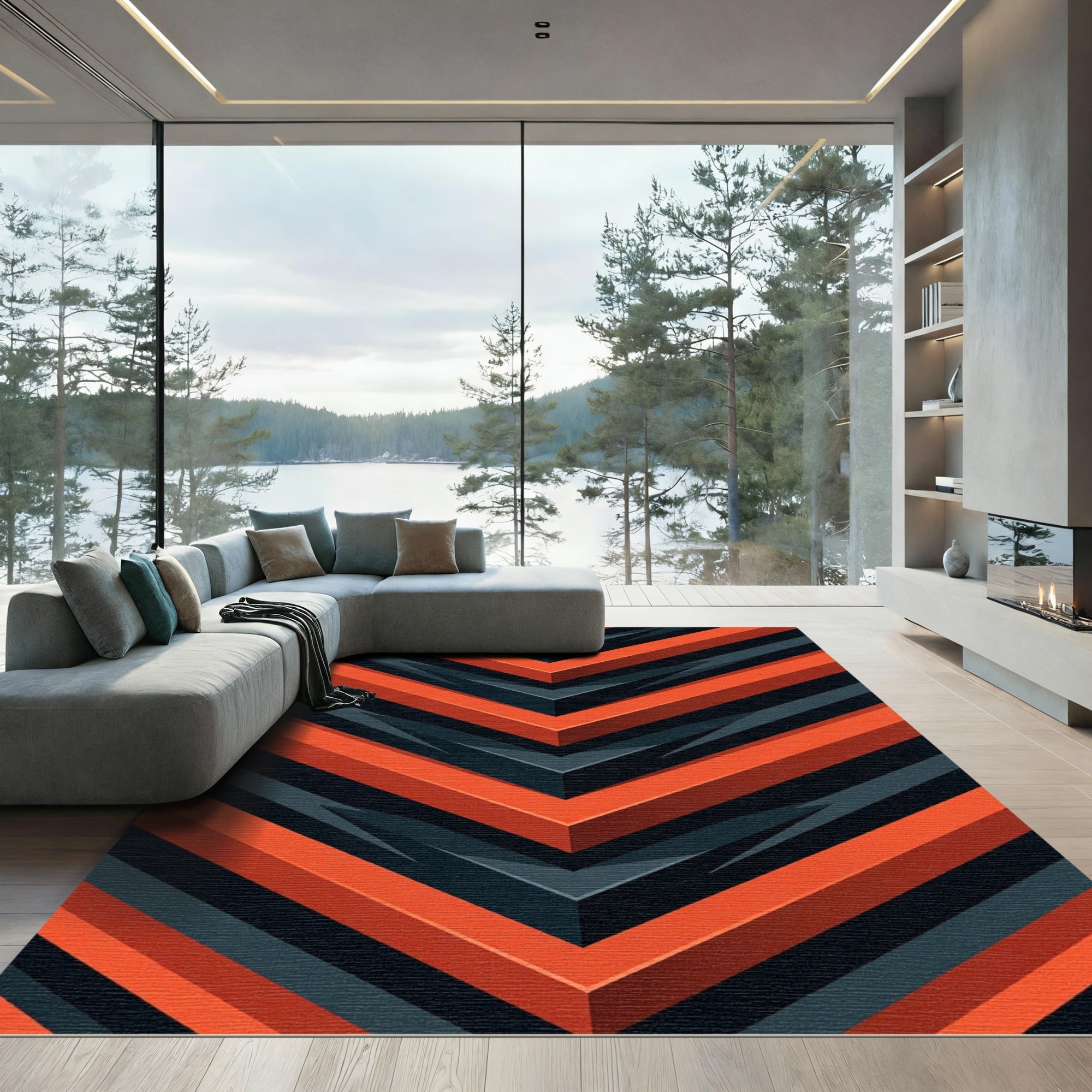 Bold Geometric Orange and Charcoal Chevrons Rug