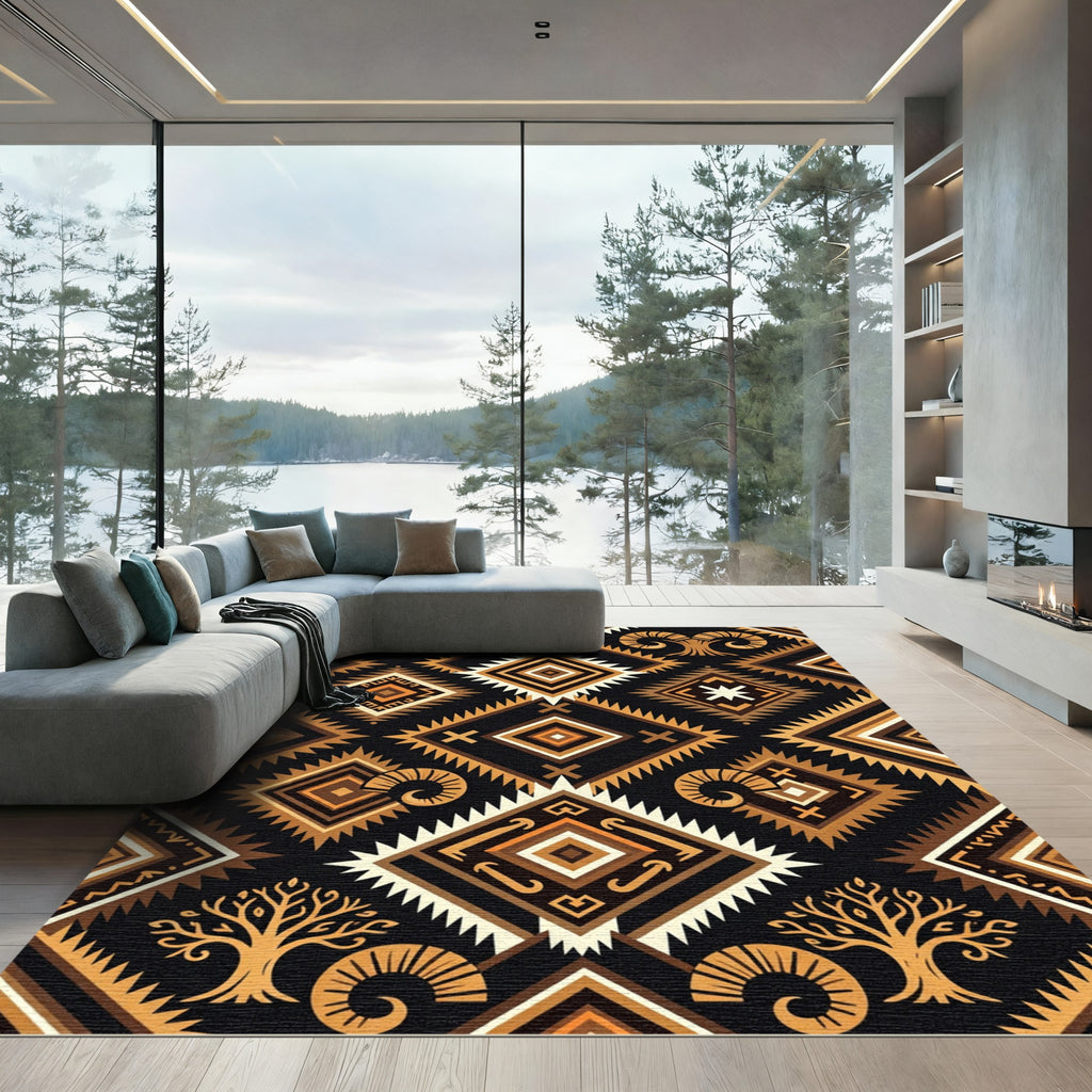Geometric Earthy Ram Totem Diamond Rug