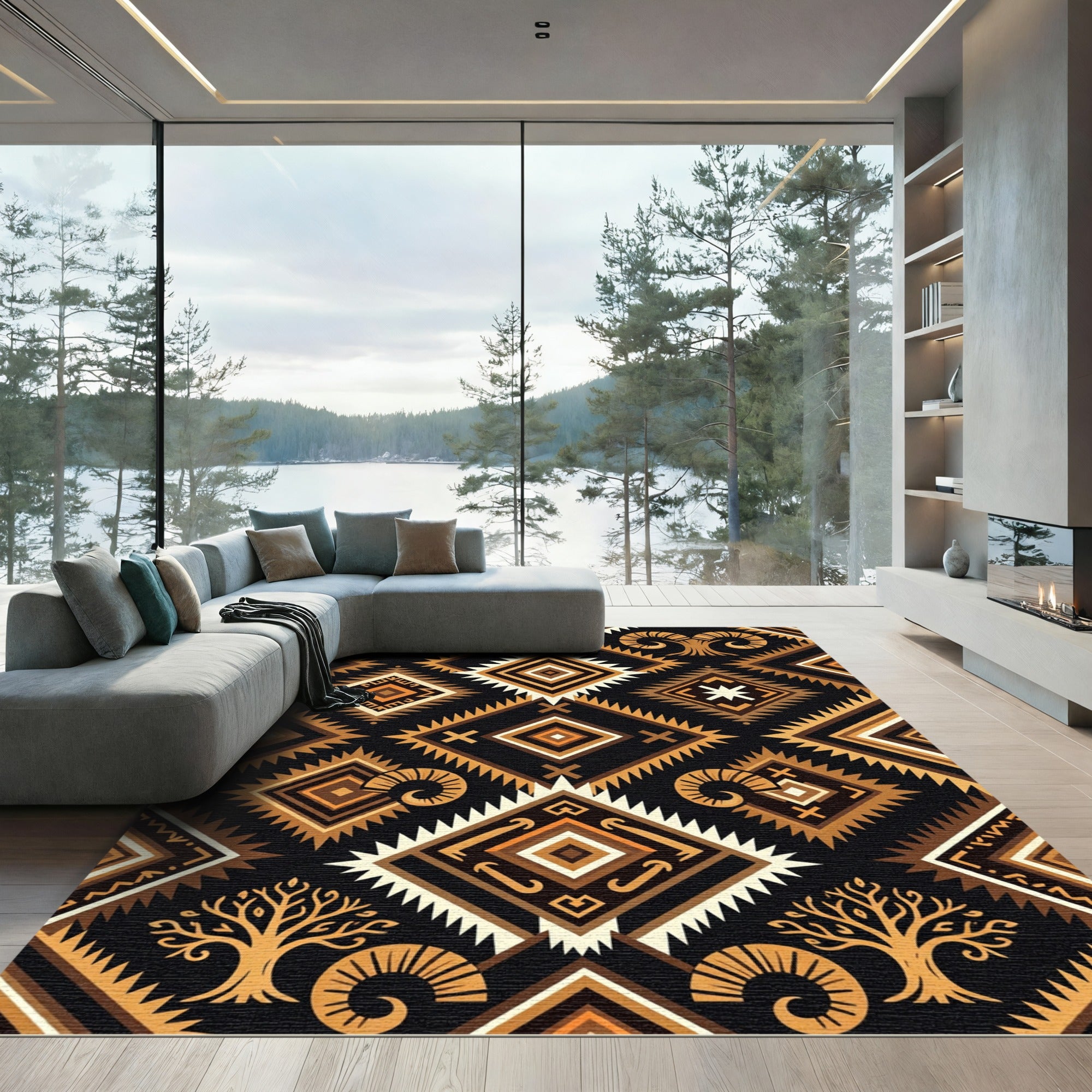 Geometric Earthy Ram Totem Diamond Rug