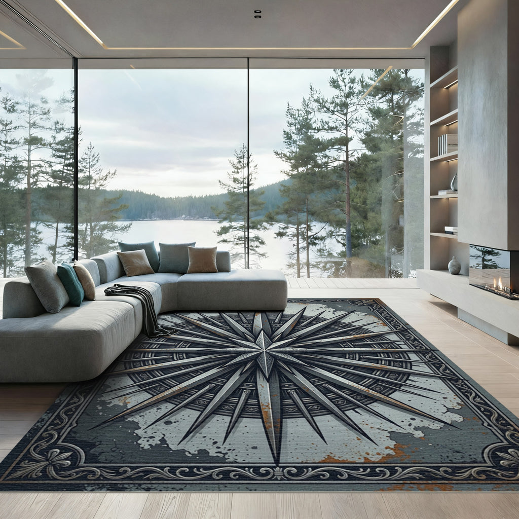 Metallic Steel Compass Star Medallion Rug
