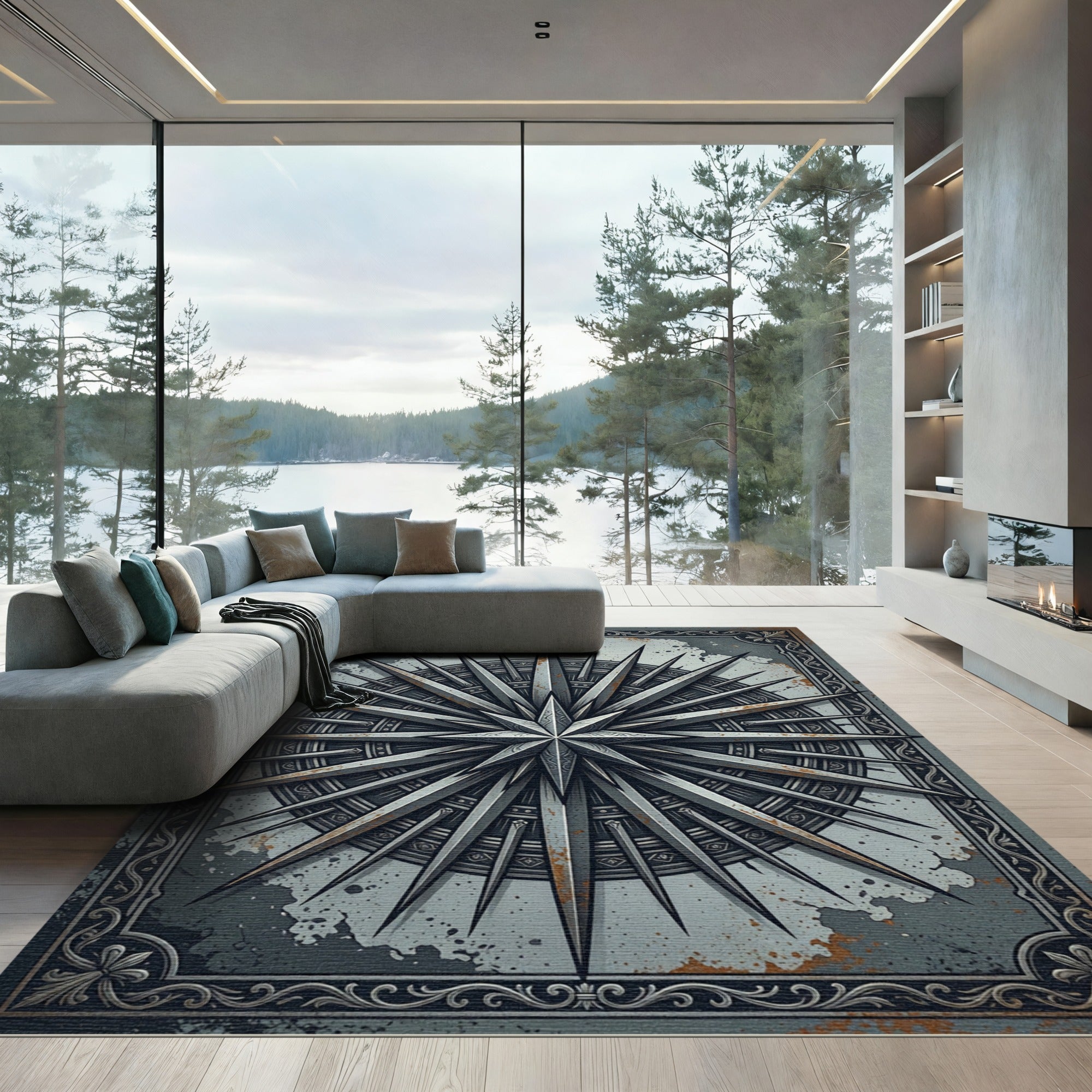 Metallic Steel Compass Star Medallion Rug