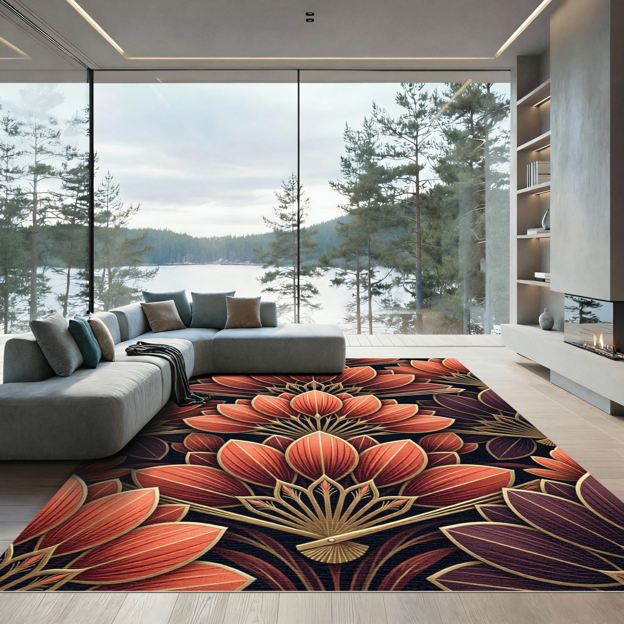 Terracotta Gold Art Deco Floral Rug