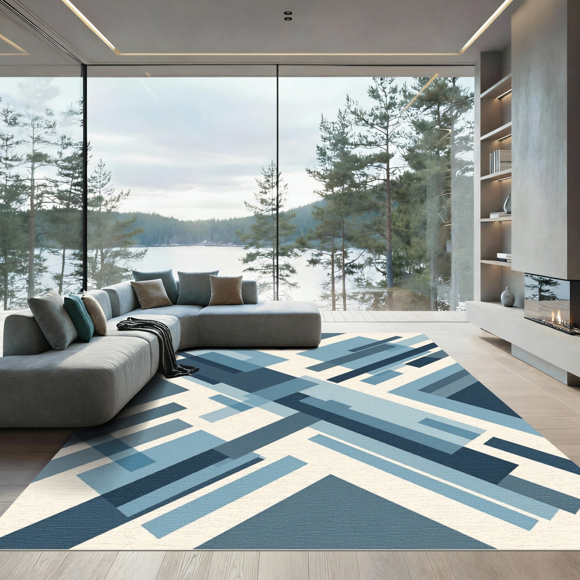 Modern Navy Blue Geometric Abstract Lines Rug