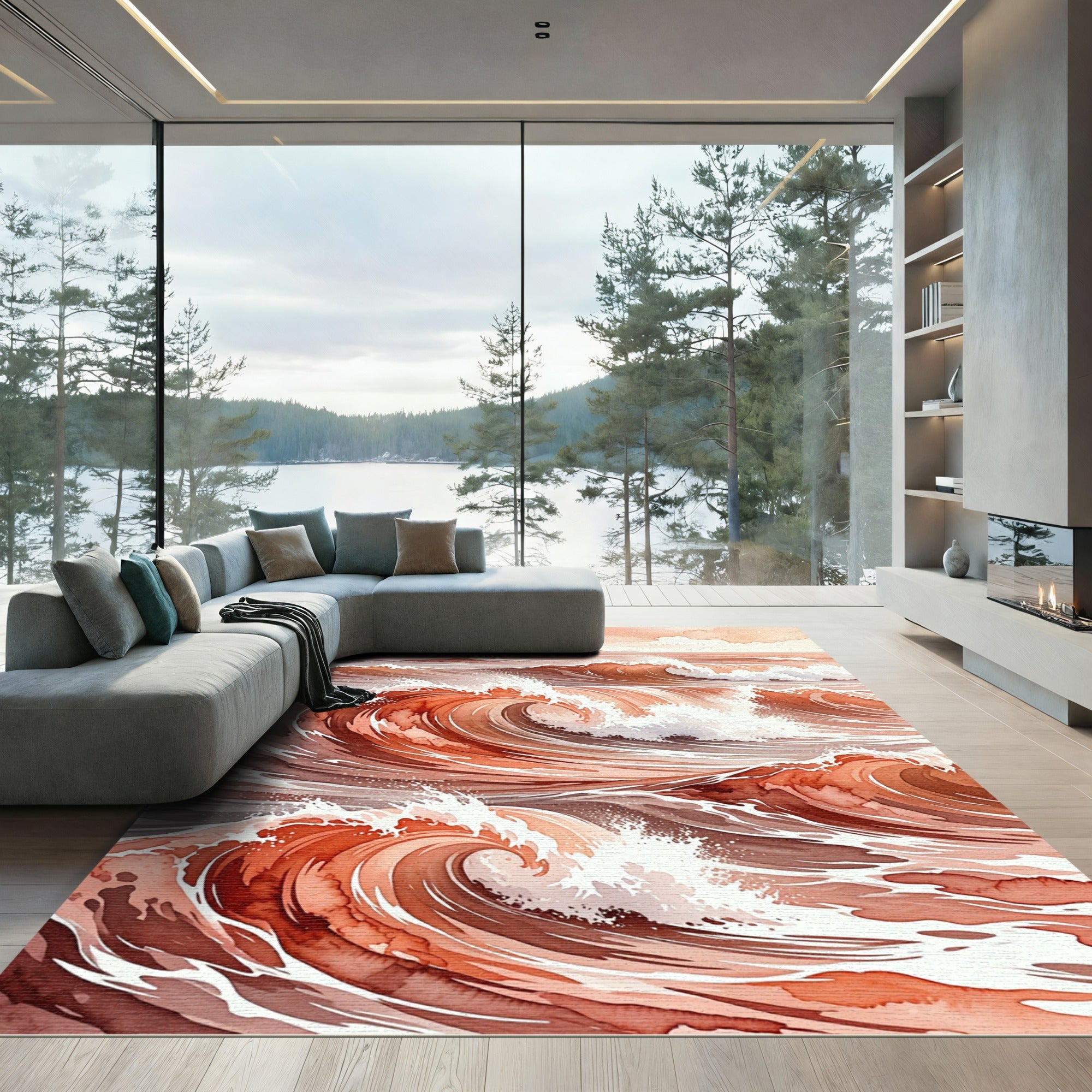 Abstract Terracotta Ocean Wave Rug