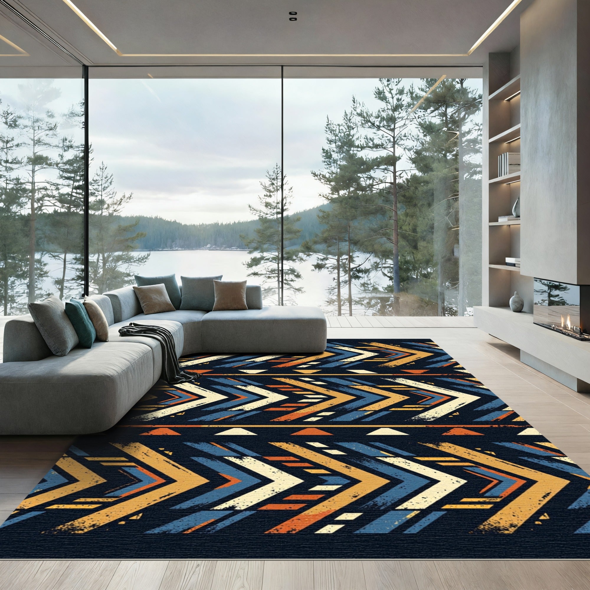 Tribal Chevron Navy Orange Yellow Accent Rug