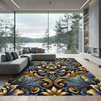 Ornate Golden Floral Damask Navy Rug