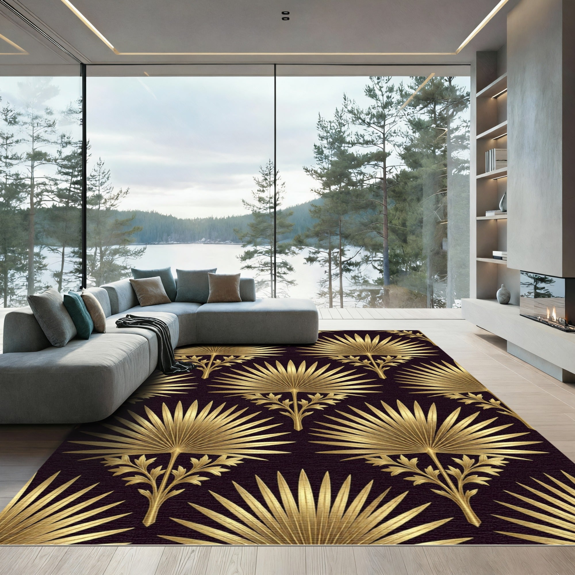 Gold Palm Leaf Art Deco Wallpaper Rug