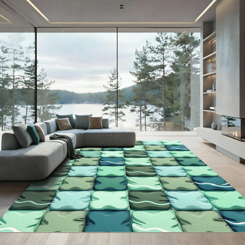 Sage and Teal Abstract Geometric Tiles Rug