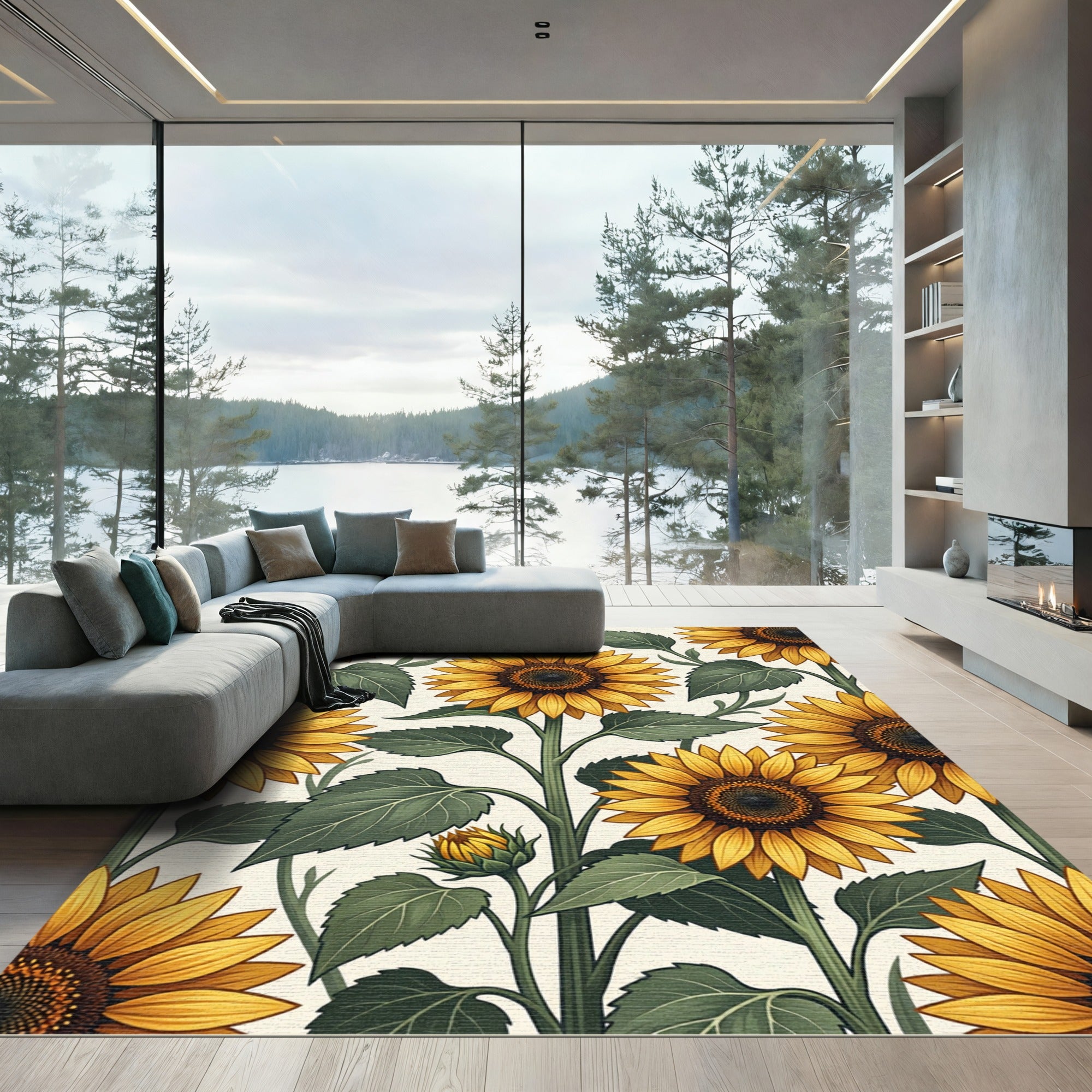 Sunny Yellow Sunflower Floral Botanical Rug