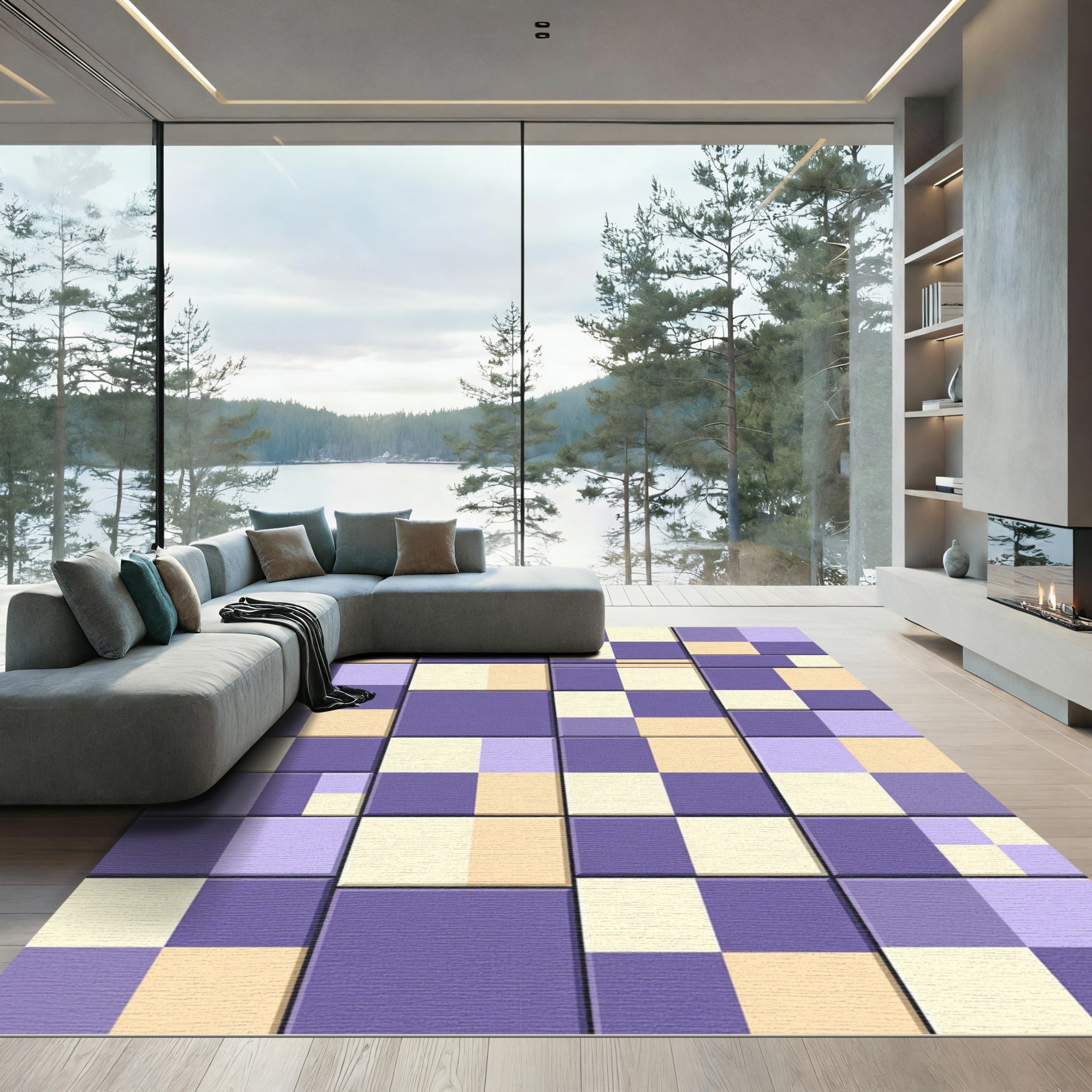 Purple Yellow Checkerboard Grid Arrangement Rug