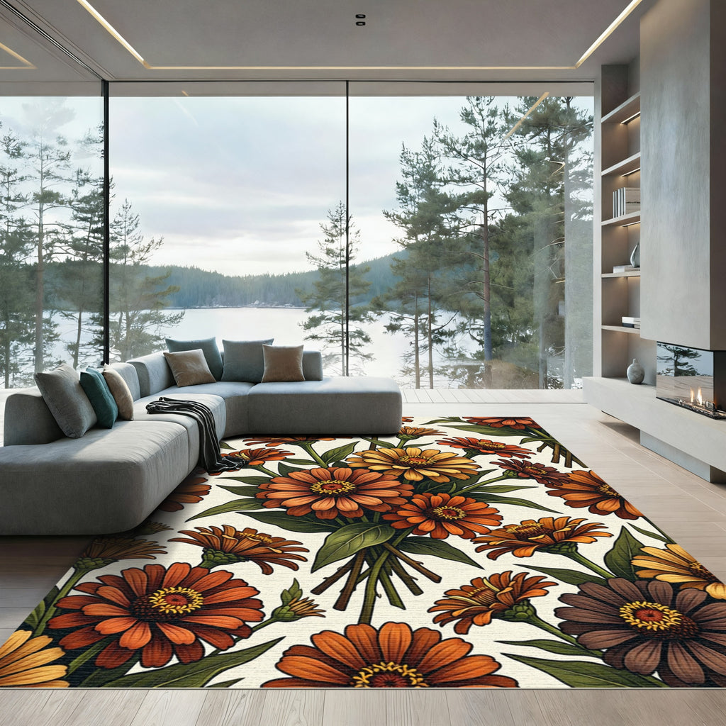 Autumn Orange Daisy Bloom Arrangement Rug