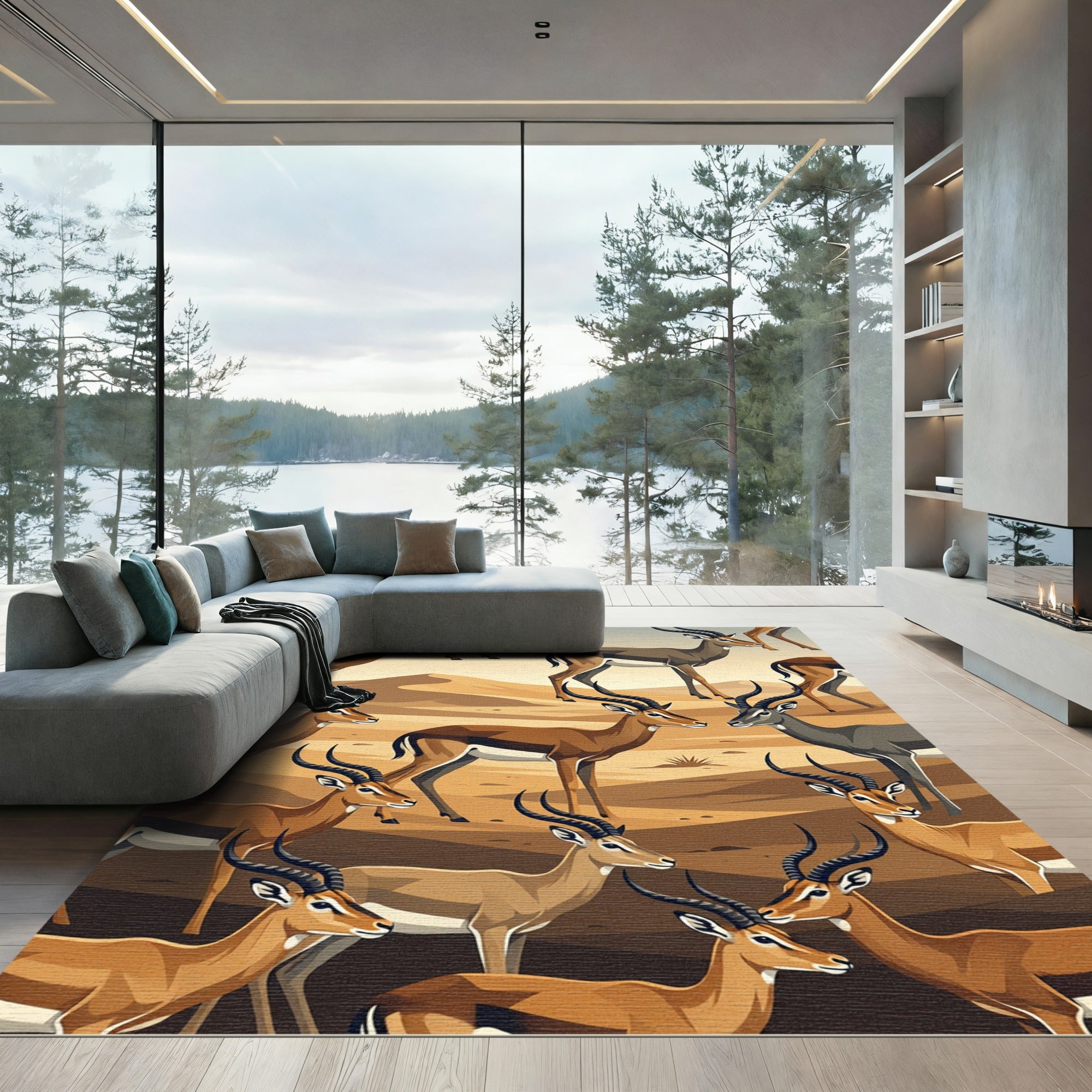 Golden Safari Gazelle Desert Landscape Rug