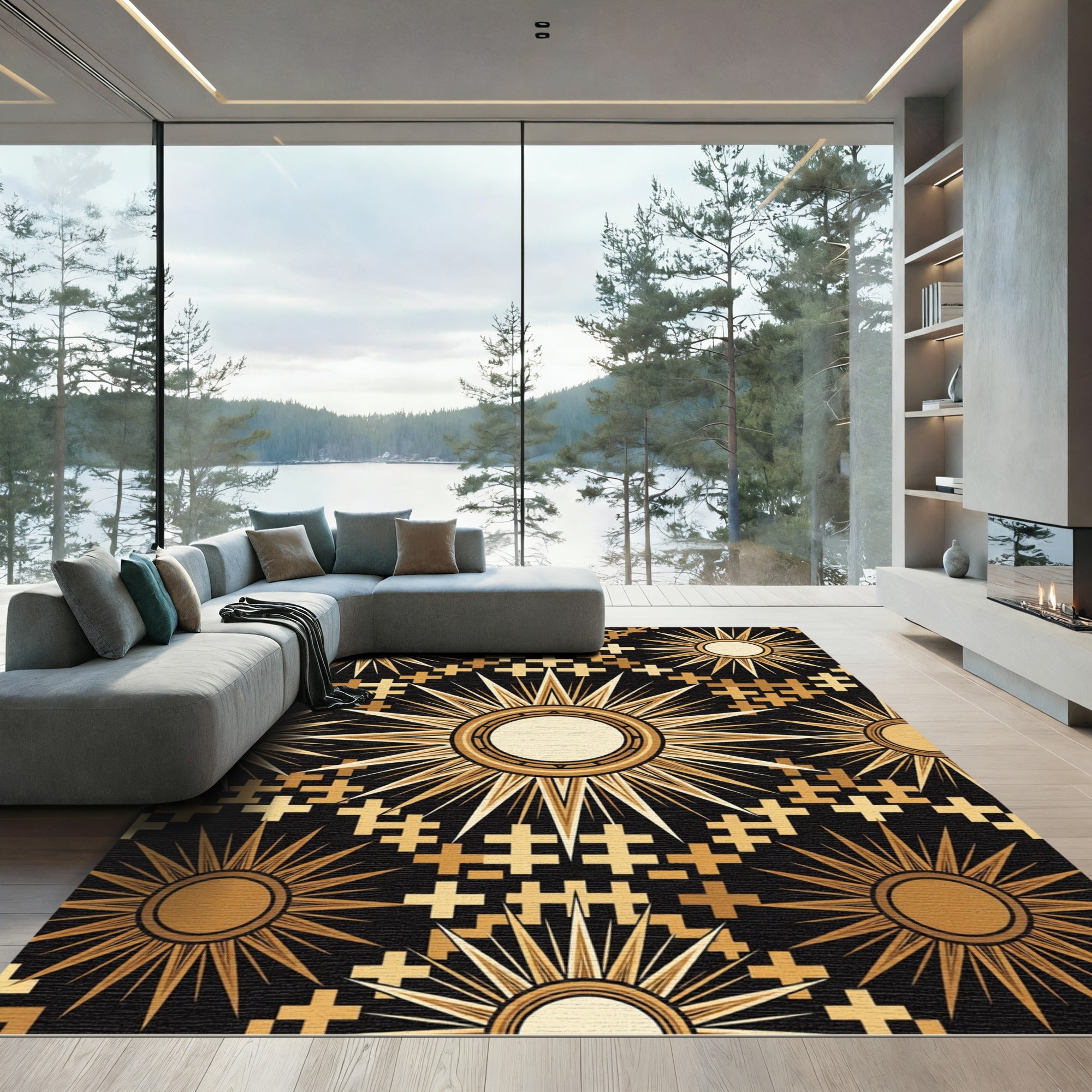 Celestial Gold Sunburst Geometric Emblem Rug
