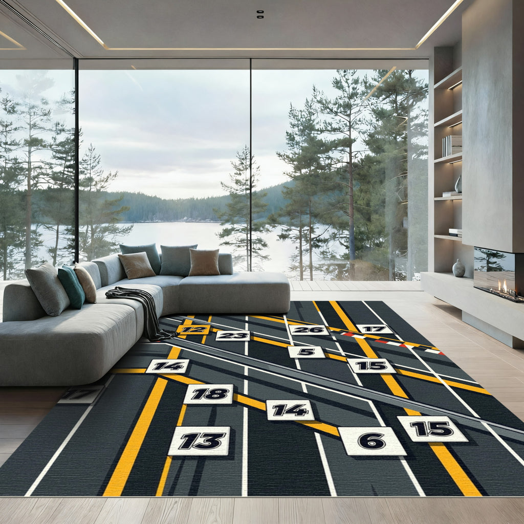Modern Yellow and Gray Geometric Track Rug
