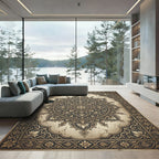 Ornate Antiqued Gold Floral Medallion Rug