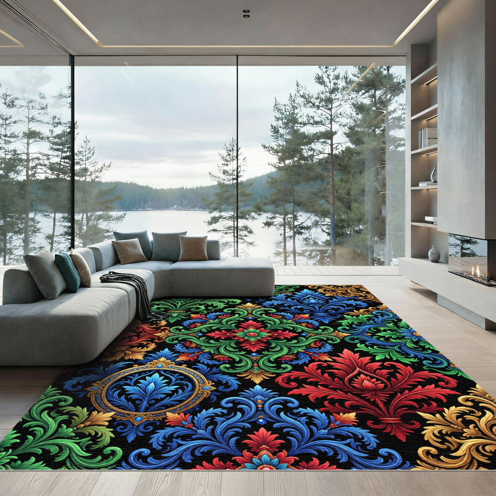 Vibrant Colorful Royal Damask Scroll Rug
