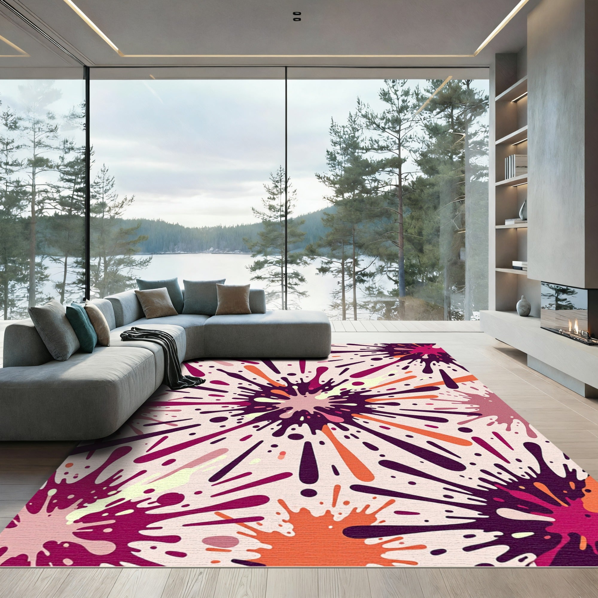 Energetic Purple Orange Splatter Accent Rug