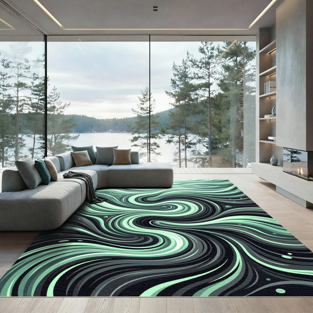 Ethereal Mint and Charcoal Fluid Wave Rug
