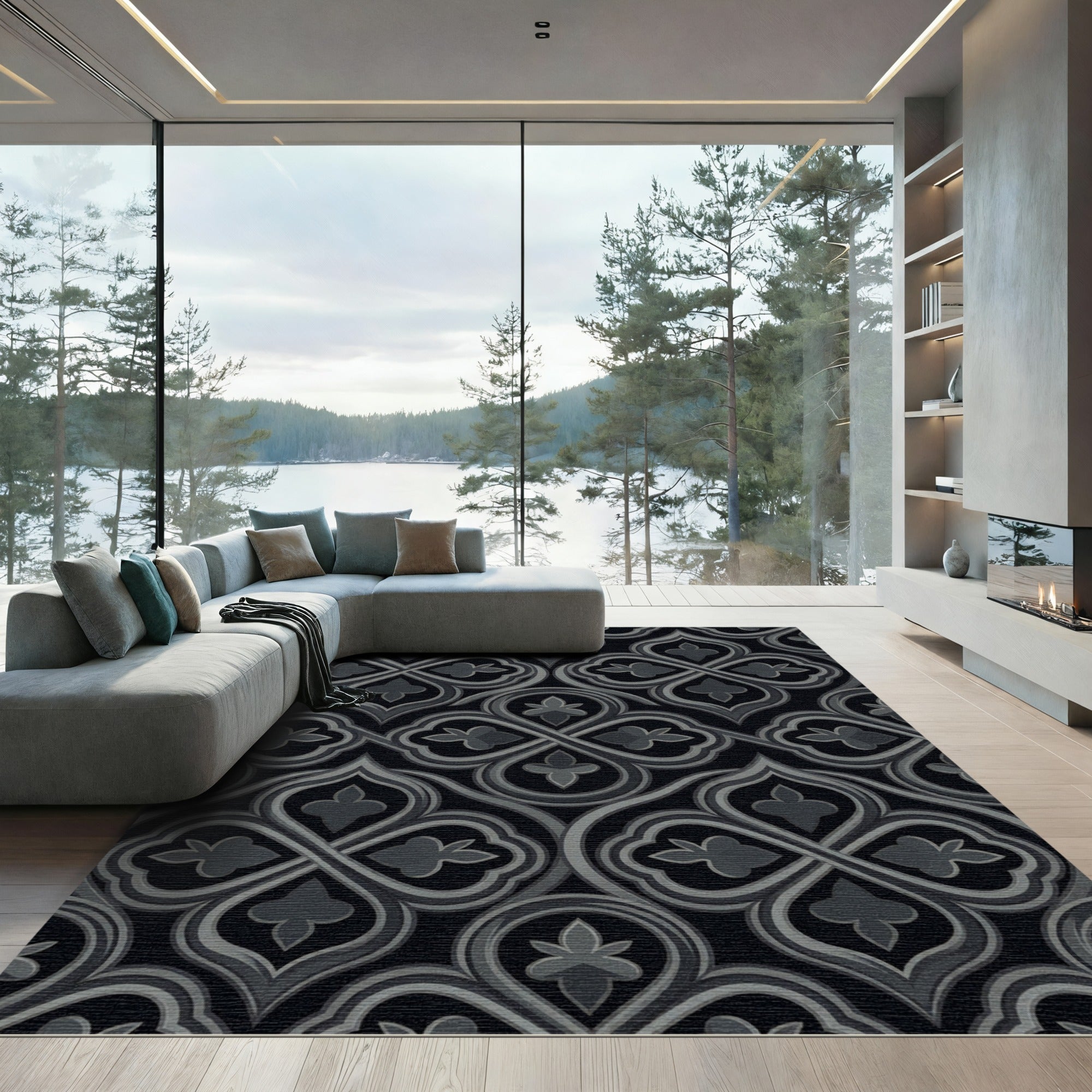 Dark Grey Quatrefoil Arabesque Rug