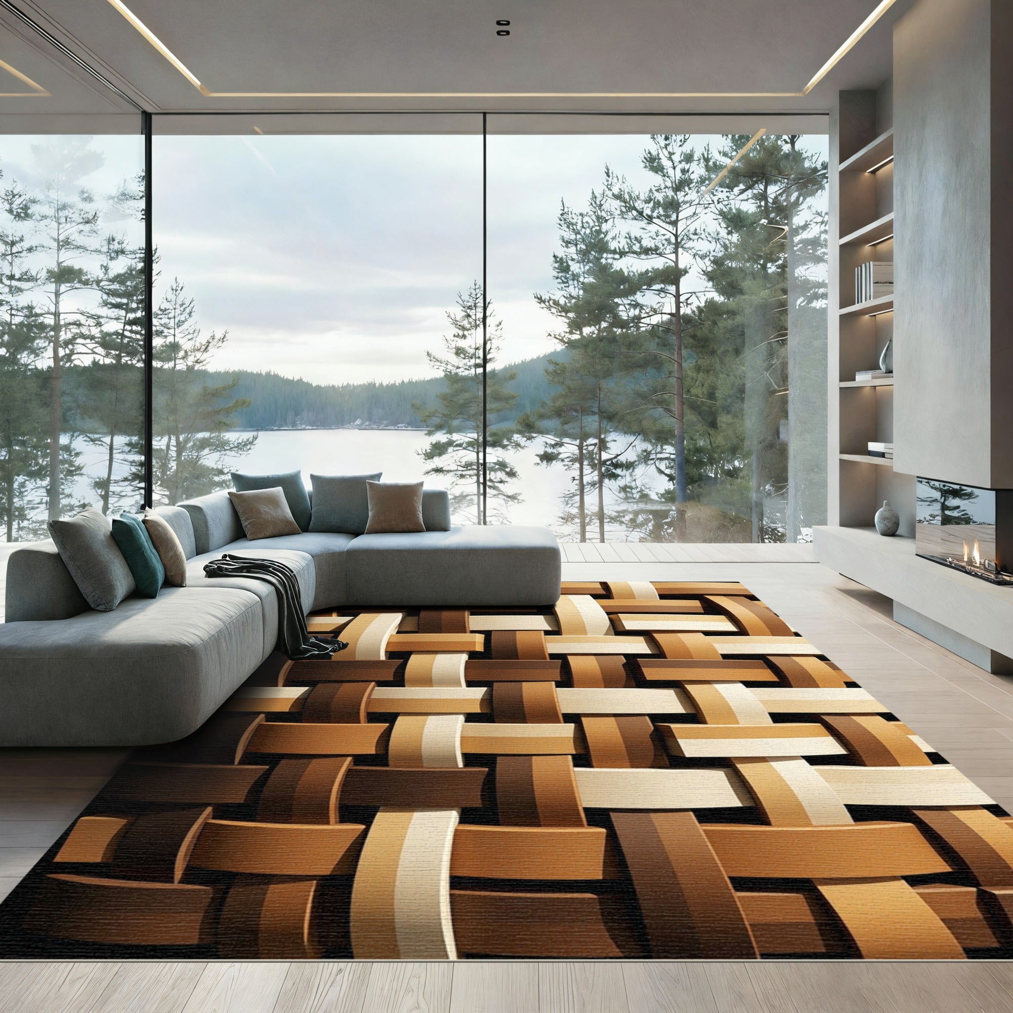 Woven Chocolate Brown Stripe Lattice Rug