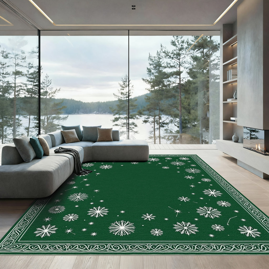 Deep Green White Snowfall Snowflake Rug