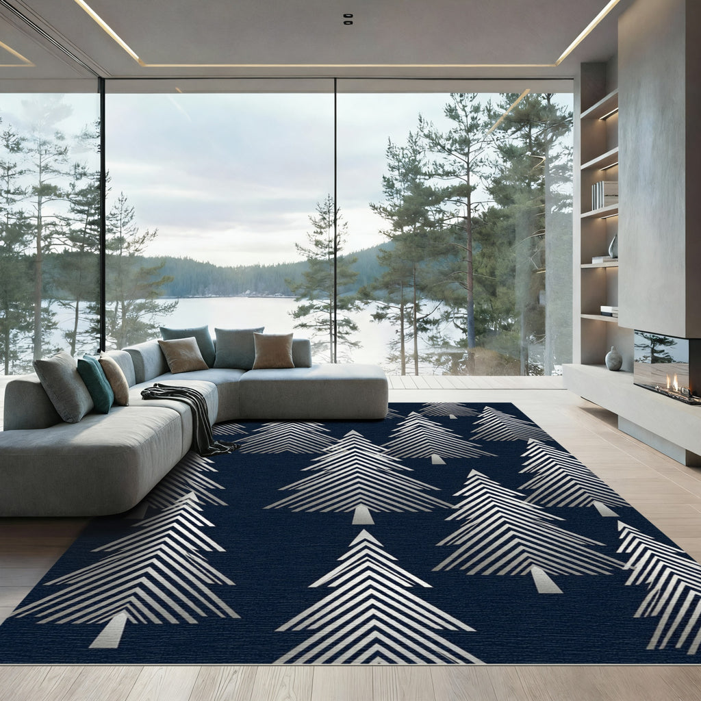 Modern Midnight Silver Geometric Tree Rug