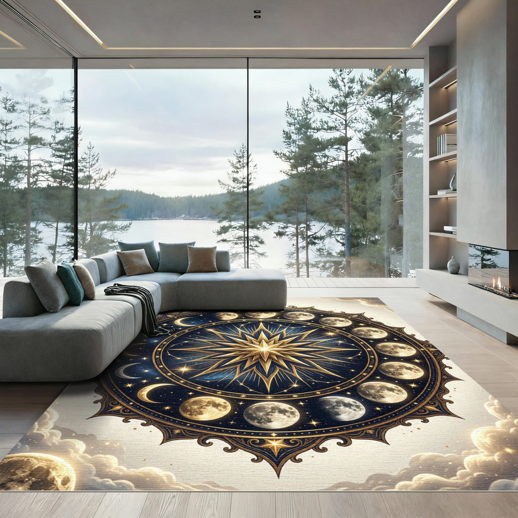 Golden Celestial Lunar Phase Medallion Rug