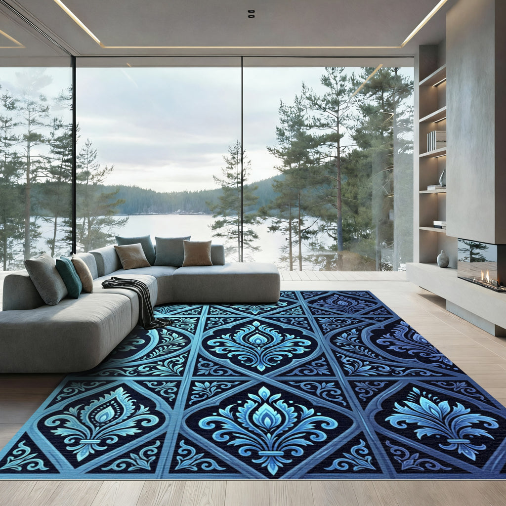 Electric Blue Damask Ornate Filigree Rug