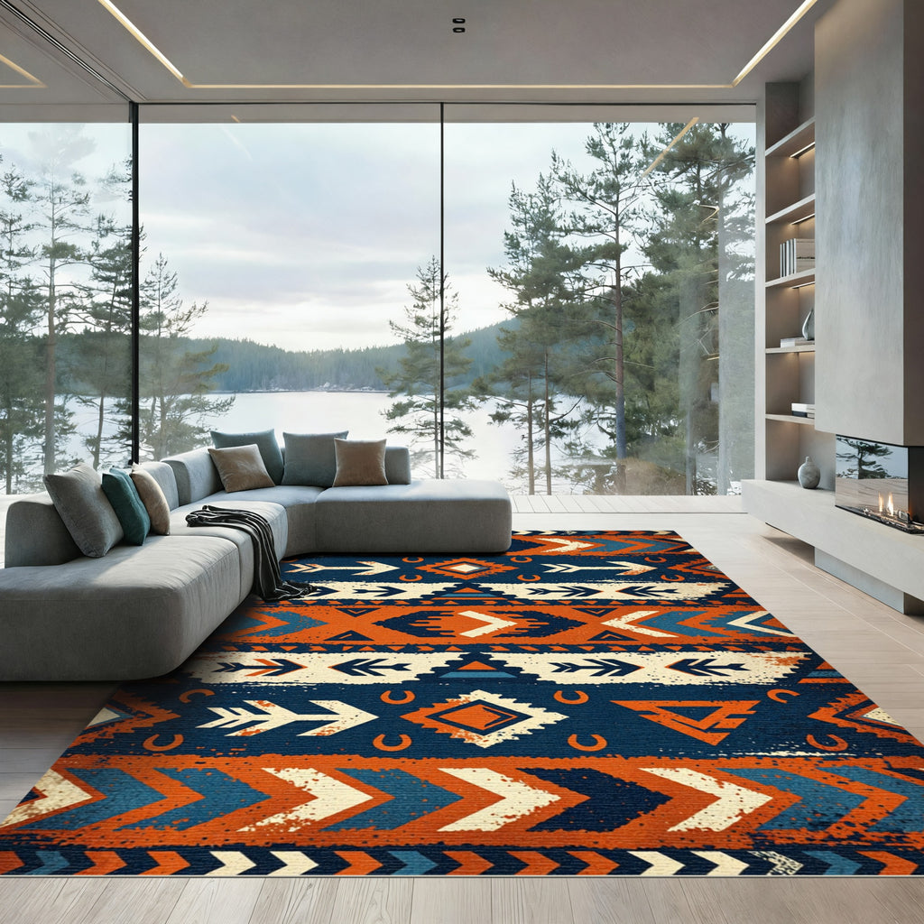 Rustic Orange Navy Geometric Arrow Rug