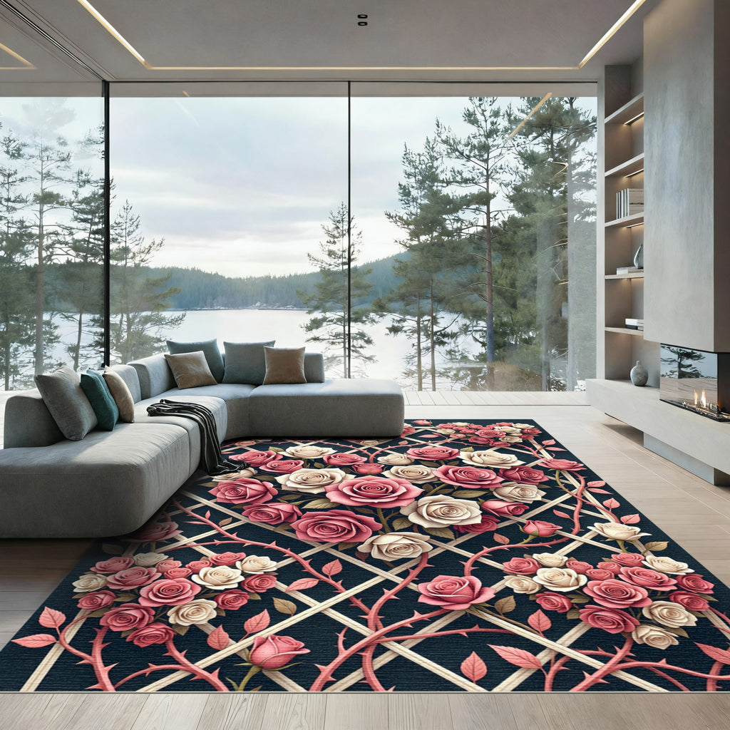 Pink Cream Rose Blossom Lattice Rug