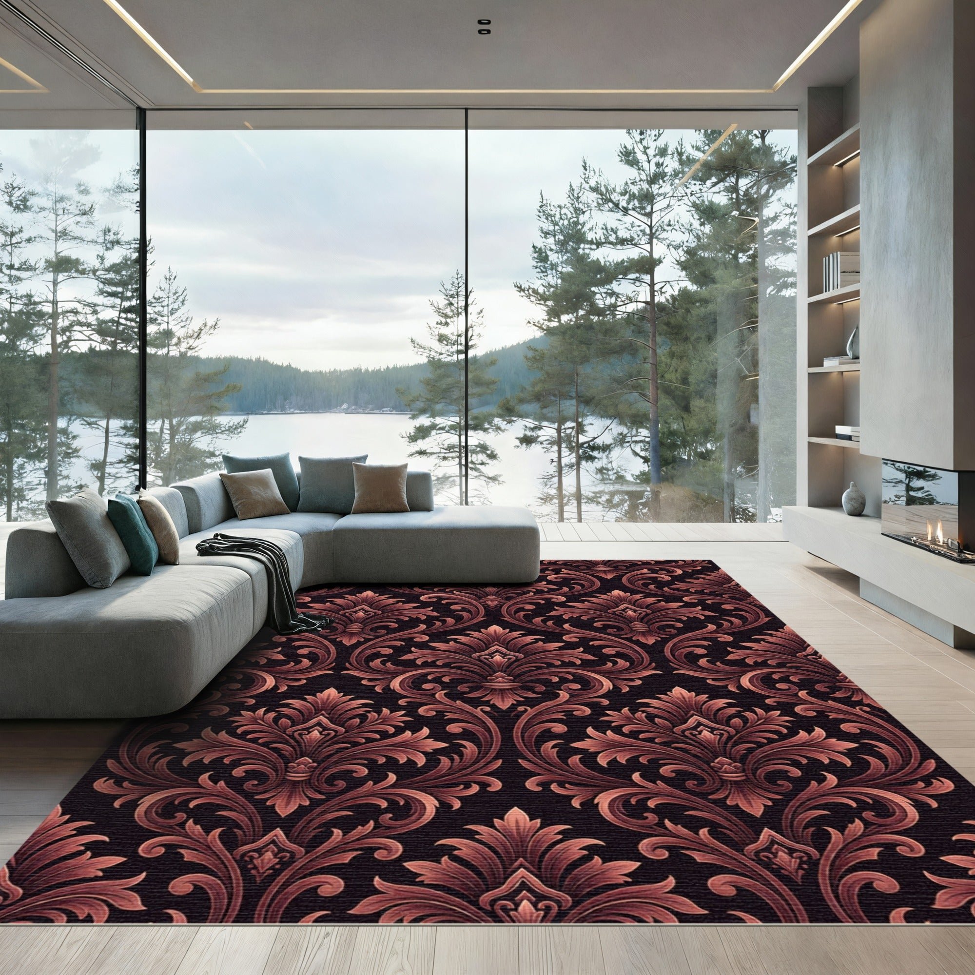 Refined Copper Damask Scroll Medallion Rug