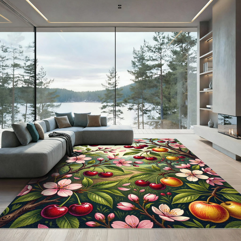 Vibrant Cherry Blossom Garden Scene Rug