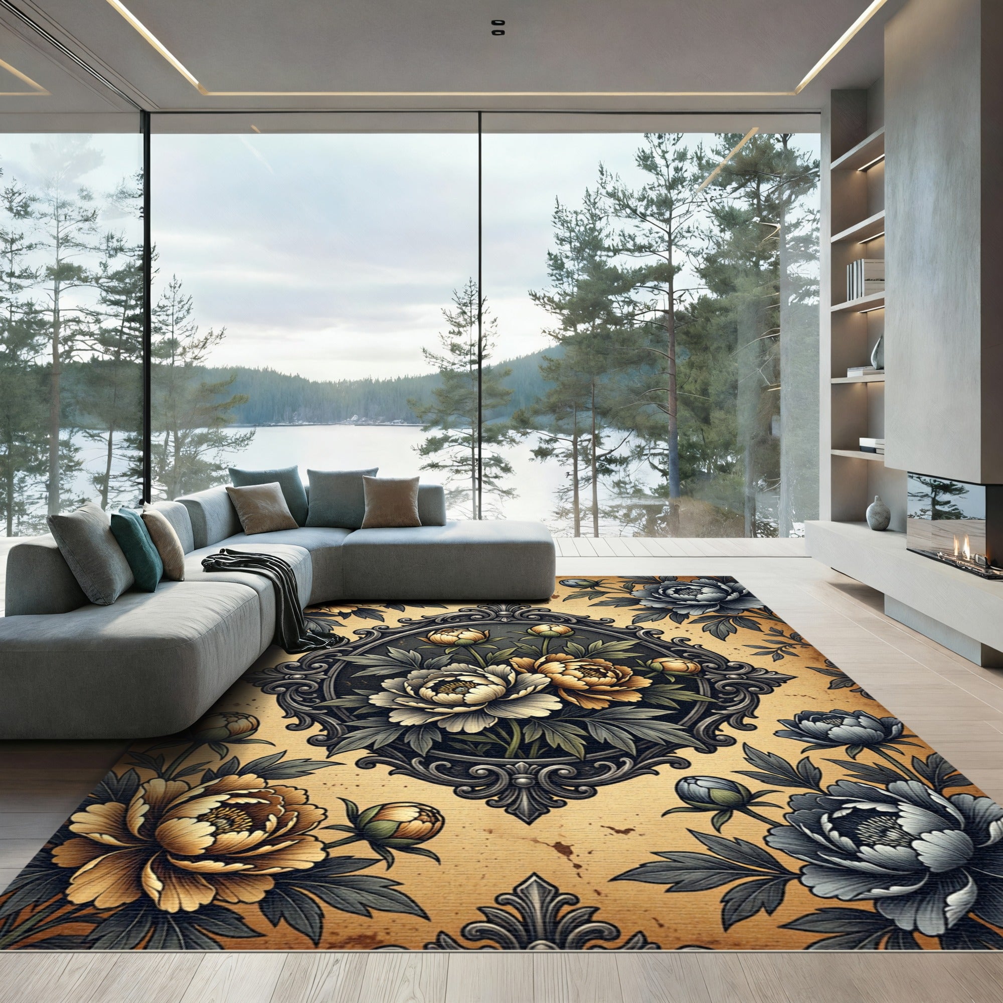 Vintage Gold Gray Floral Scrollwork Rug