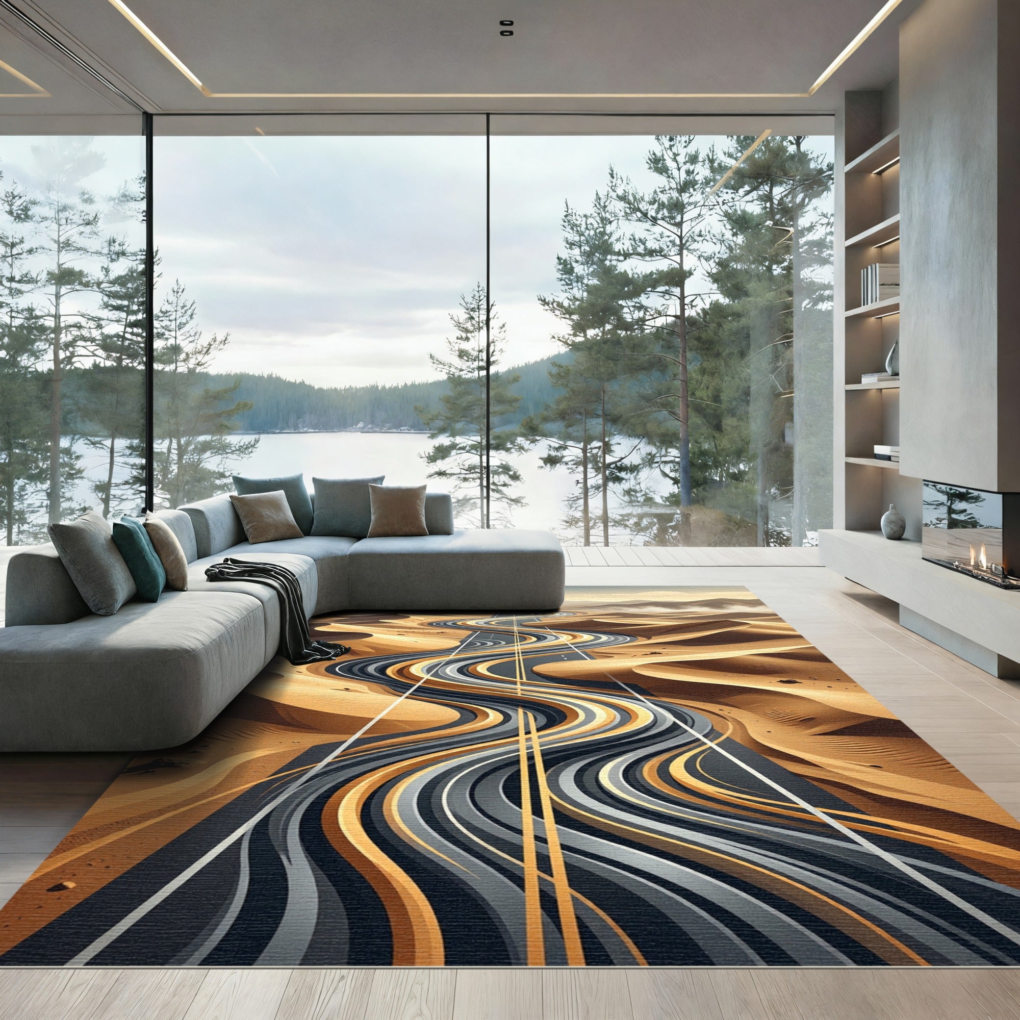 Earthy Golden Winding Desert Road Rug