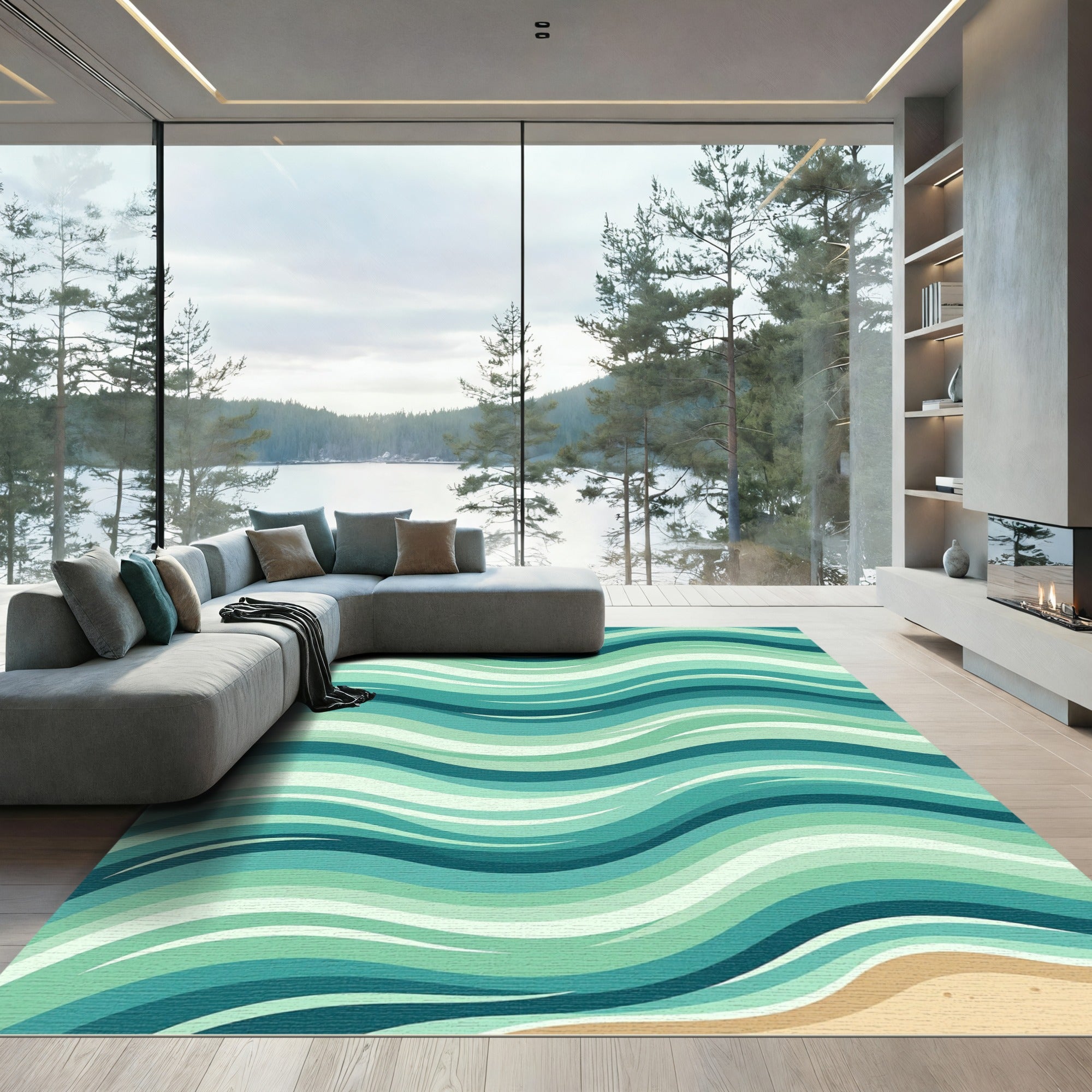 Teal Ocean Wave Abstract Rug